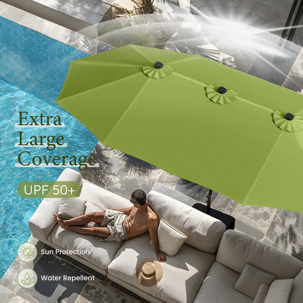 SUMMIT LIVING 15 FT Double-Sided Solar Patio Umbrella with Base Large Outdoor Umbrella with LED Solar Lights - Haze Blue