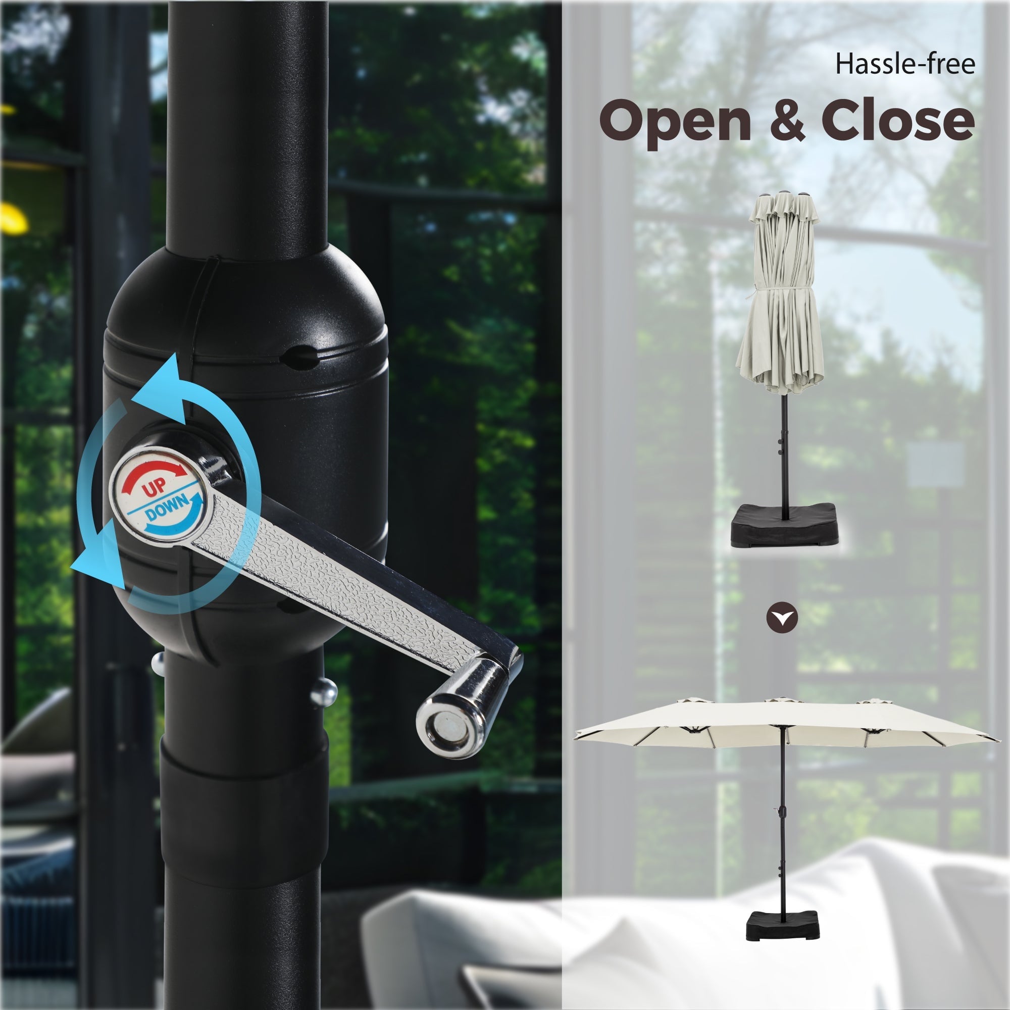 Alpha Joy 15ft Outdoor Patio Umbrella Extra-Large Double-Sided Garden Umbrella with Crank Handle and Base - Smoky Gray