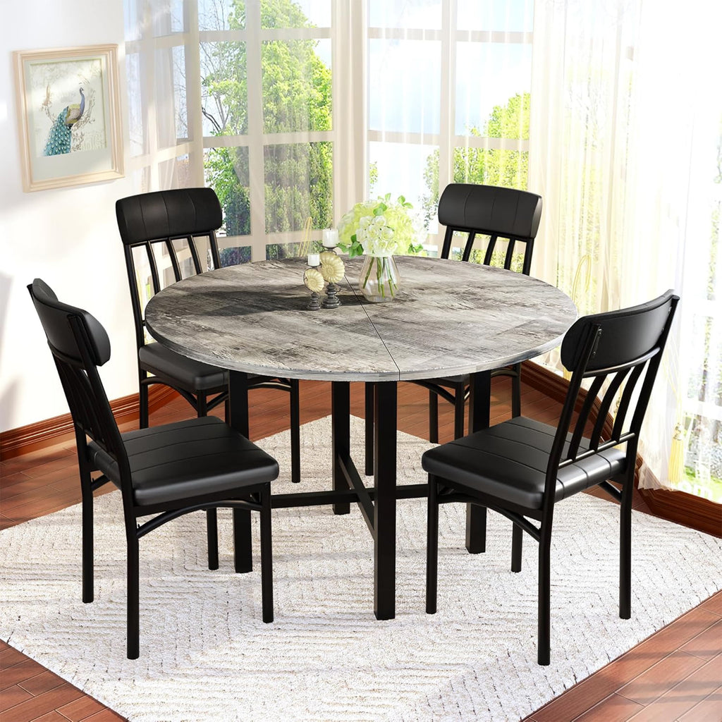 LinkRomat Round Dining Table Set for 4, Modern Dining Room Sets with 4 Faux Leather Chairs, Kitchen Dinner Wooden Table & Chair Set for Small Space, Grey