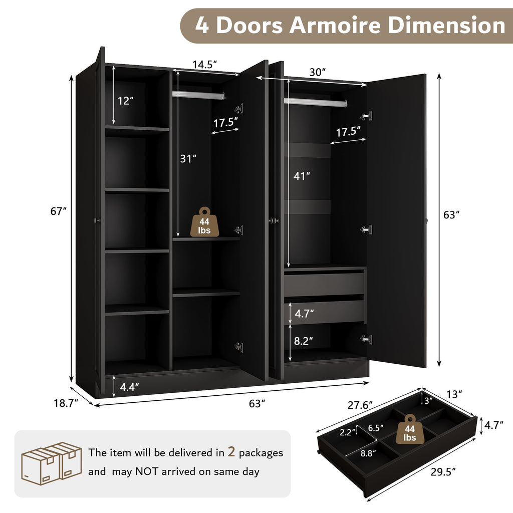 Virans  4 Door Armoire Wardrobe Closet with 2 Drawers,Adjustable Shelves & Hanging Rods,63 W Wood Clothes Cabinet Organizer for Bedroom,White