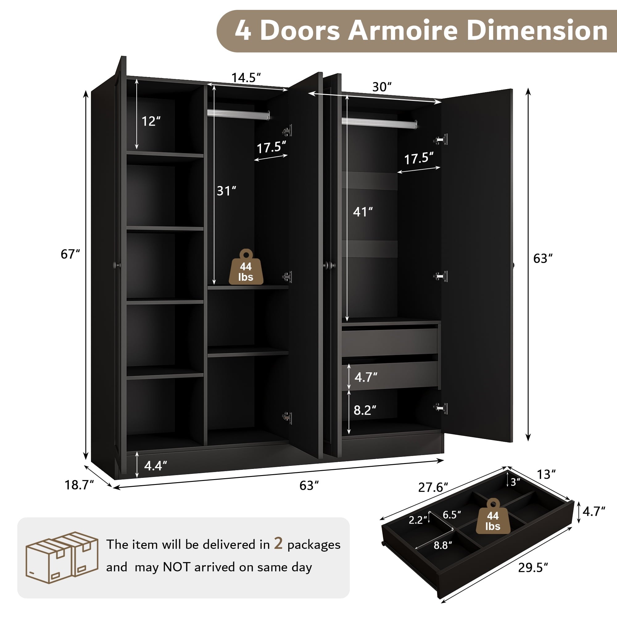 Laisnet 67H Armoire Wardrobe Closet with 4 Doors and 2 Drawers, Adjustable Shelves & Hanging Rods for Bedroom, White