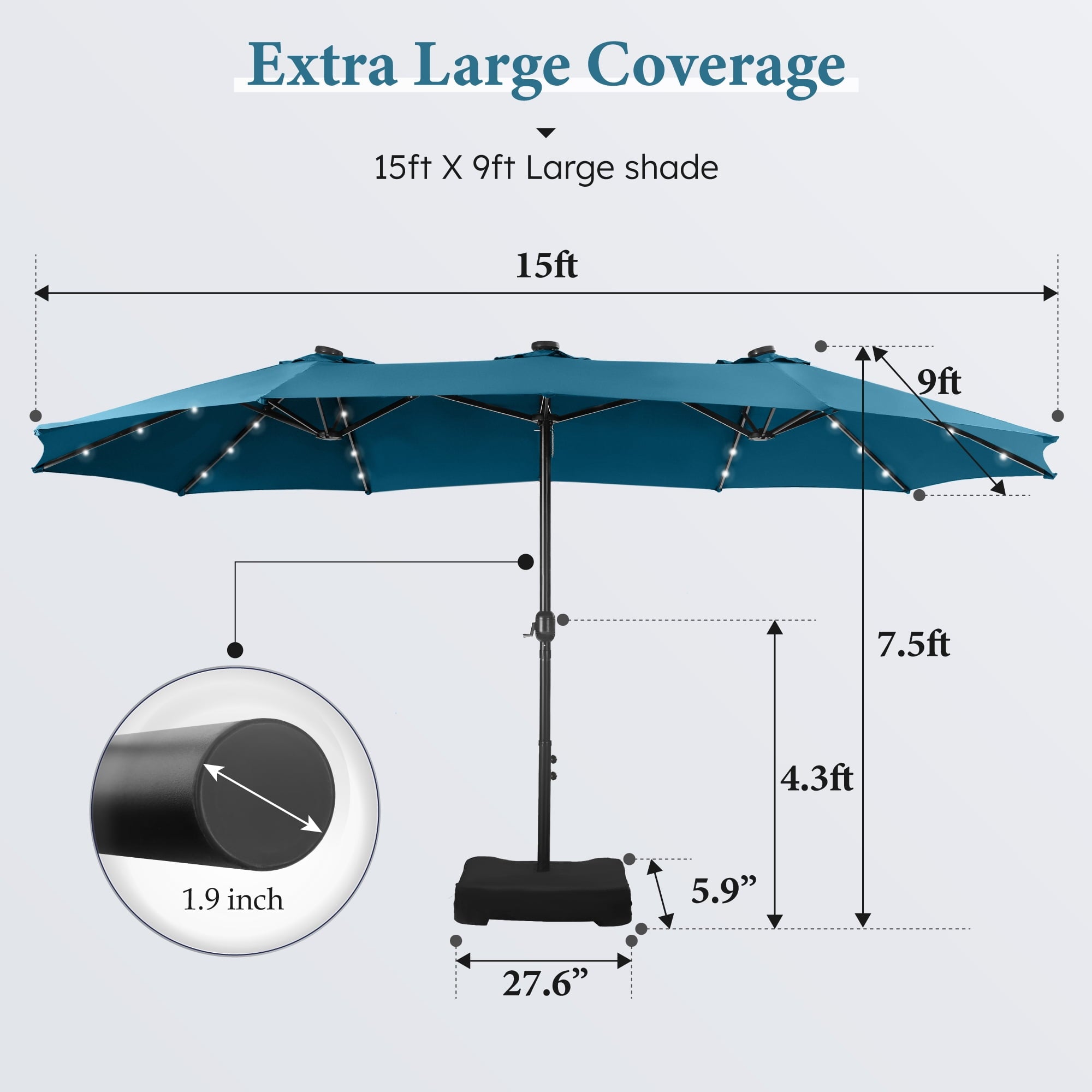 SUMMIT LIVING 15 FT Double-Sided Solar Patio Umbrella with Base Large Outdoor Umbrella with LED Solar Lights - Haze Blue