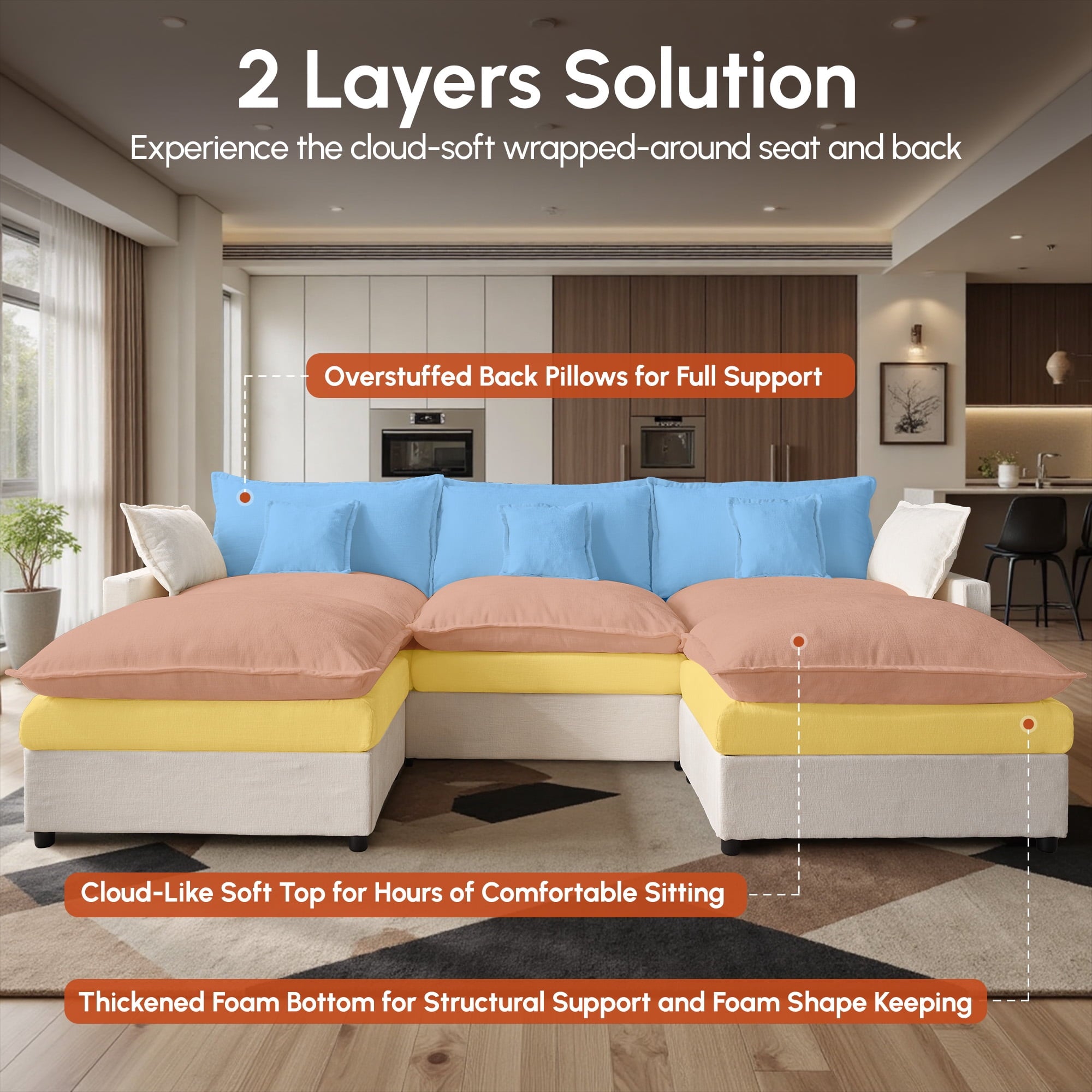 Ovios 108 Modular Sectional Sofa U-Shaped Cloud Couch with 2 Ottomans, Comfy Living Room Furniture, Chenille, Camel