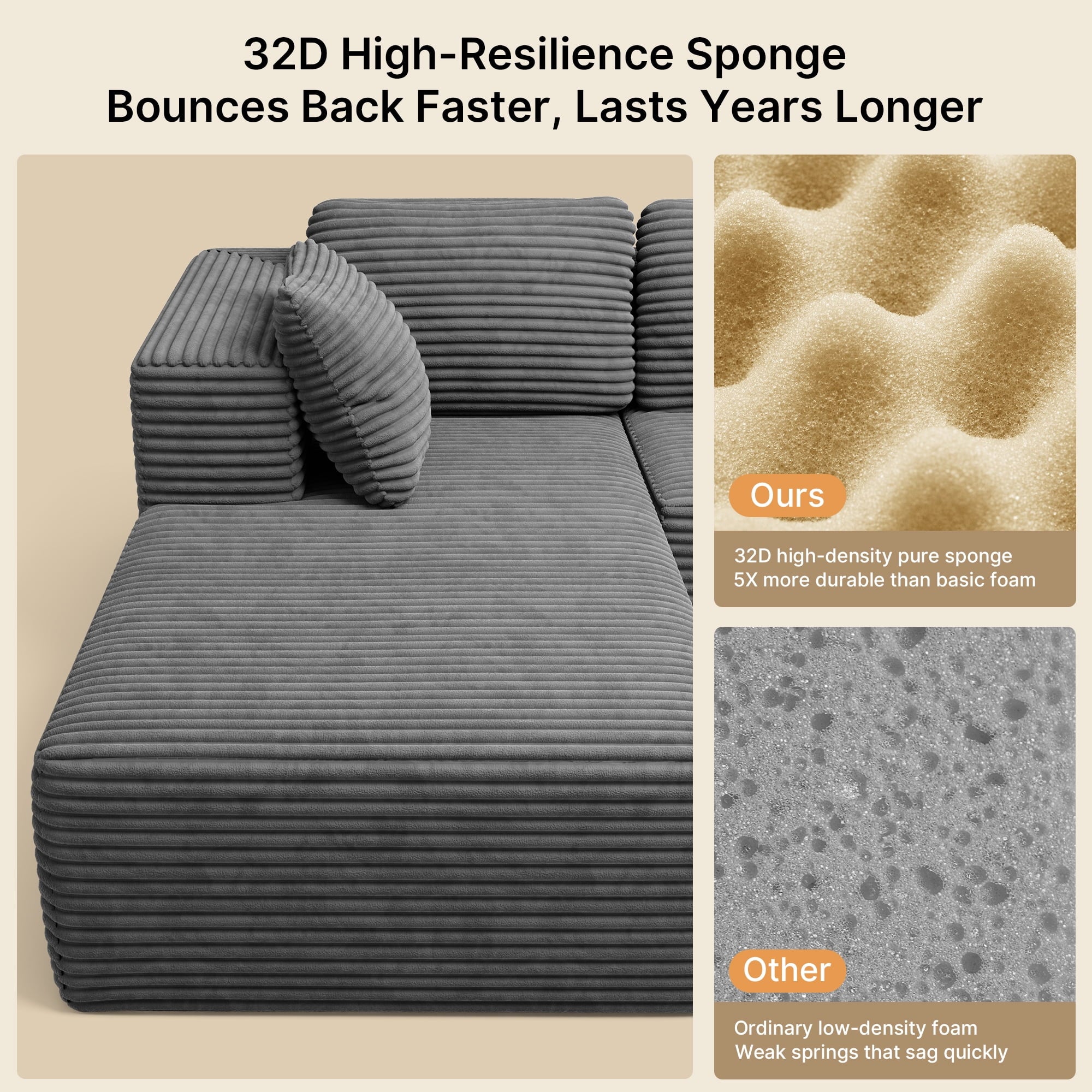 Sofa, Lofka 105 Free Assembly L-Shaped Sectional with Pet Friendly Corduroy Fabric, Black for Living Room/Apartment