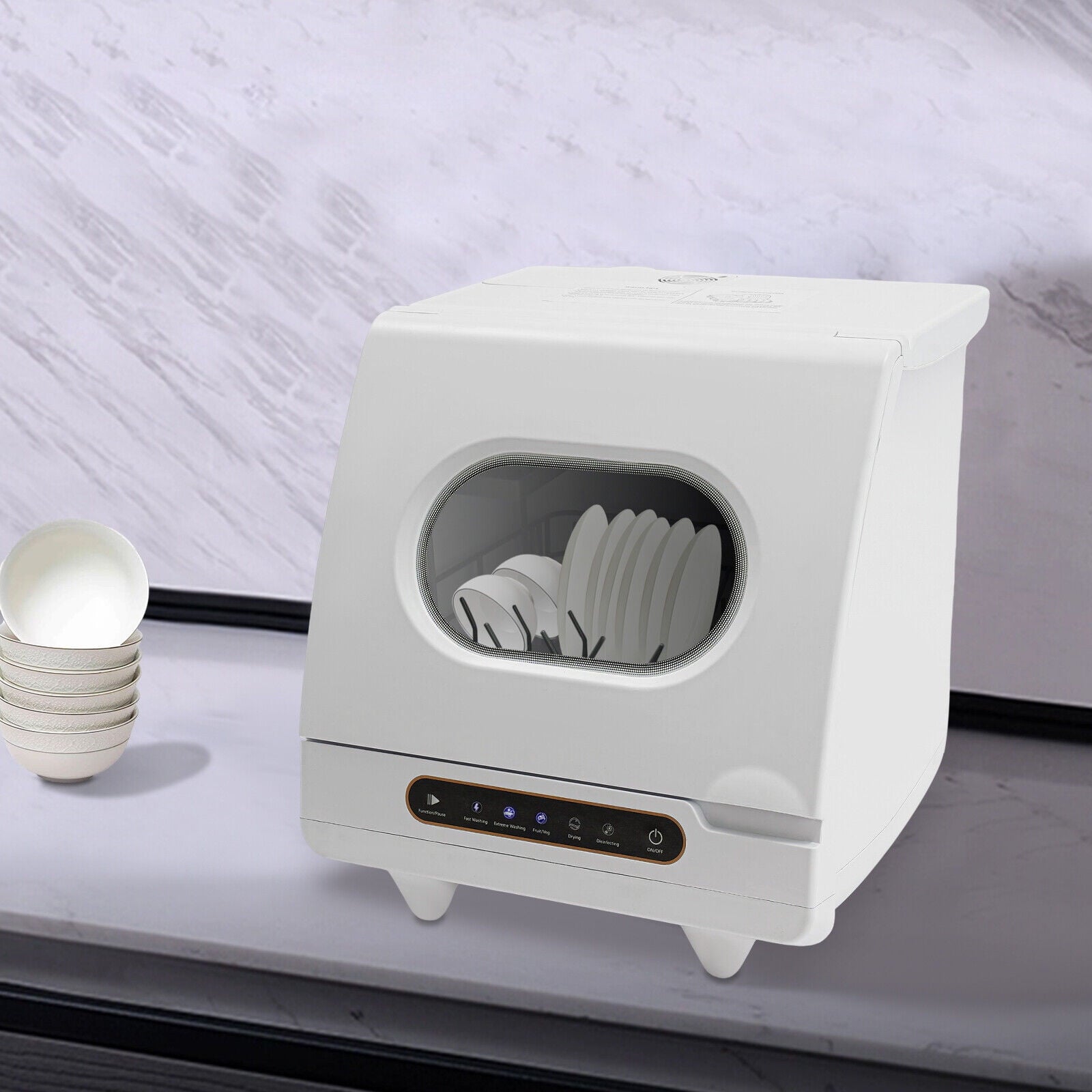 Portable Countertop Dishwasher 5 Washing Programs with Water Tank Leak-Proof Dry 360° Rotation Flushing, Uitable for Homes Kitchen Apartments Dormitories Campers