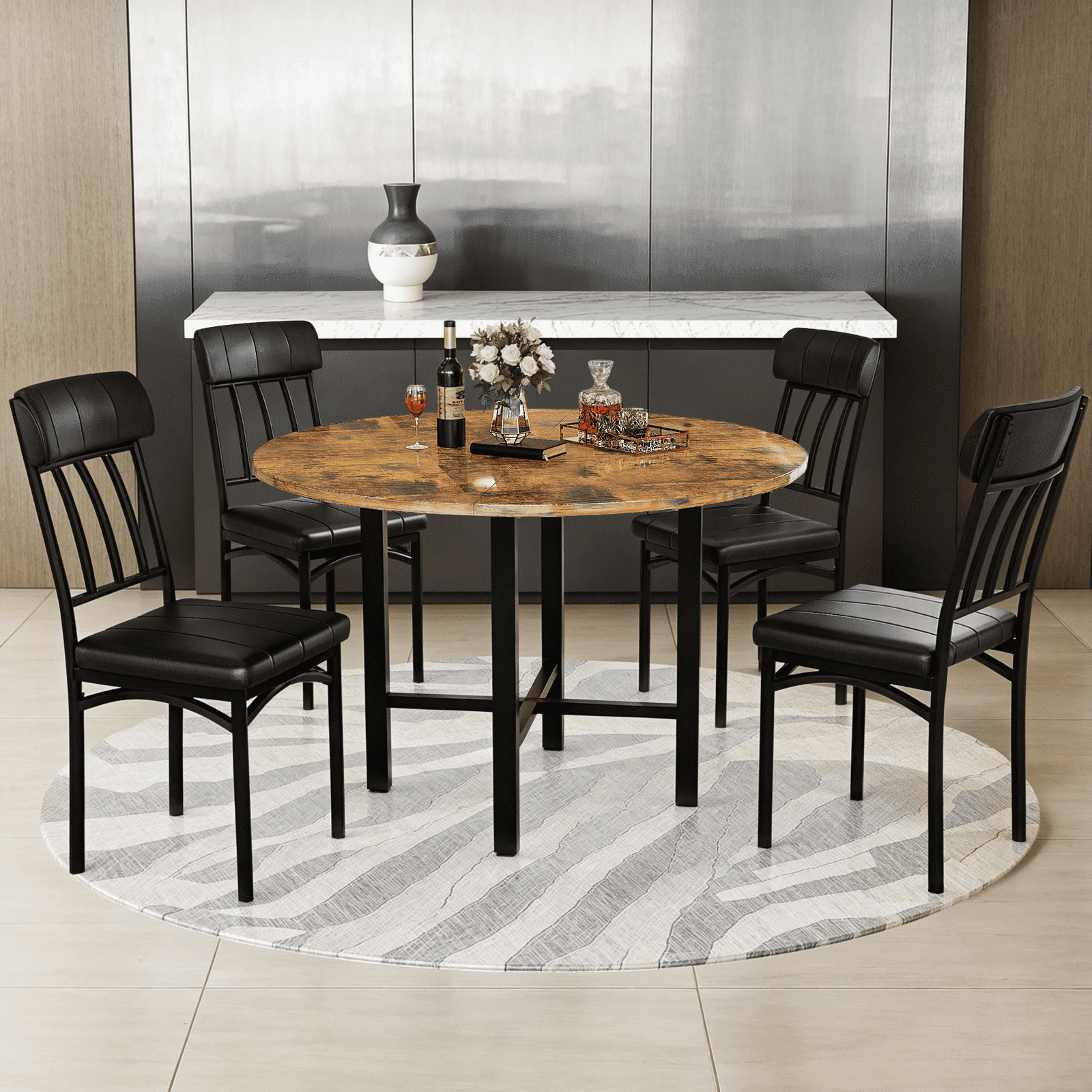 MIERES Round Dining Table Set for 4,Wood Round Kitchen Table and Chairs Set for 4,Modern Dining Room Table Set with 4 Faux Leather Chairs,Round Dinner Table for Small Space Gray