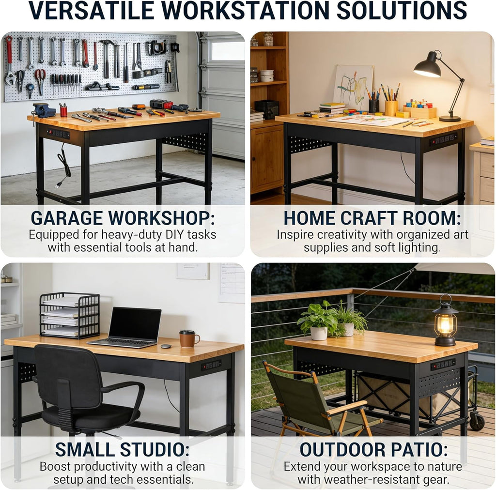 60 Inch Adjustable Workbench with Power Outlet, 2500 LBS Heavy Duty Double-Layer Workbench with Hardwood Top, 6-Level Height Adjustable Garage Work Table with Wheels, Rolling Workstation for Workshop