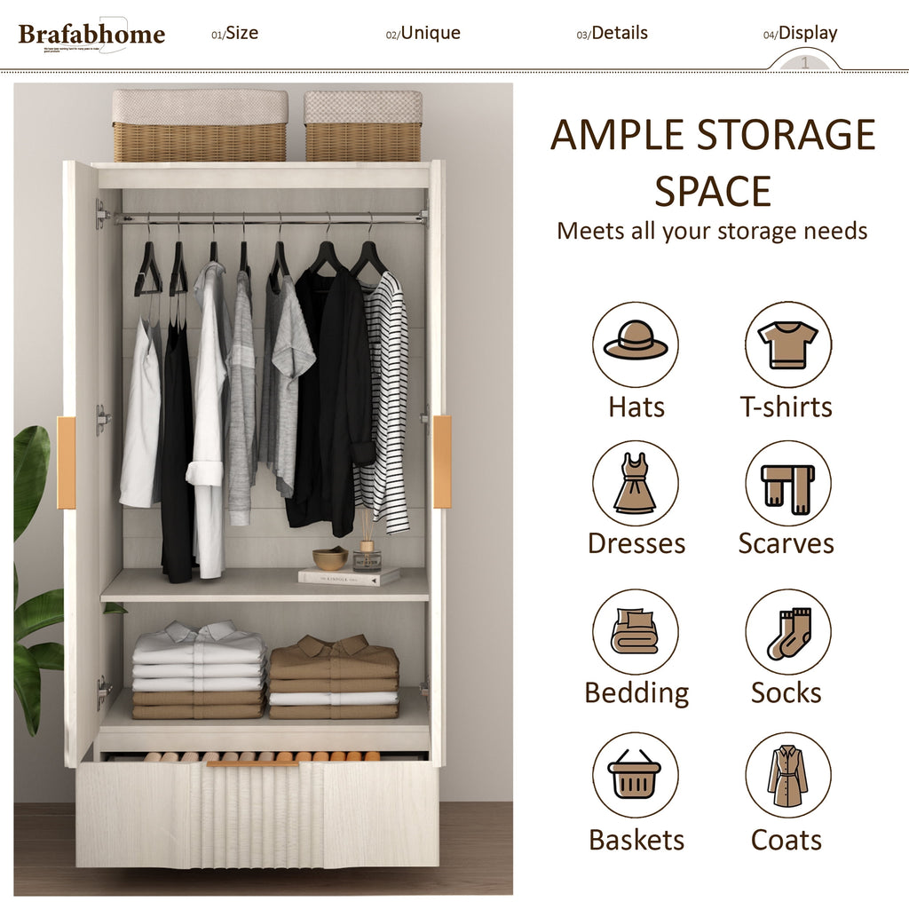 Brafabhome 67H Fluted Armoire Wardrobe Closet with Drawer, Wooden 2 Doors Wardrobe Cabinet with Hanging Rod & Adjustable Shelf for Bedroom | Whitewash