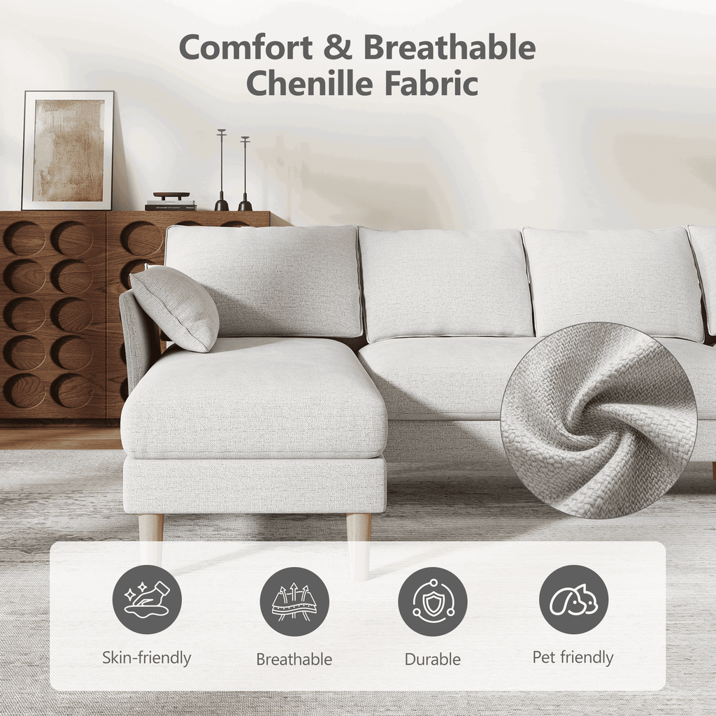 BedLuxury 100 U-Shape Sectional Sofa with Chaise, Chenille Modern Couch with High Legs for Living Room, Apartment, Gray