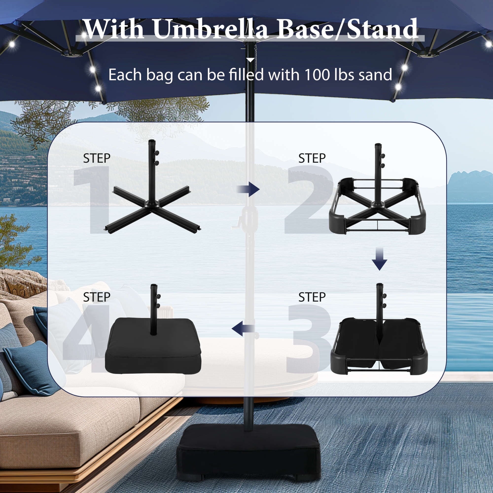 SUMMIT LIVING 15ft Double-Sided Solar Patio Umbrella with Base (Included) Large Outdoor Umbrella with Solar Lights - Beige