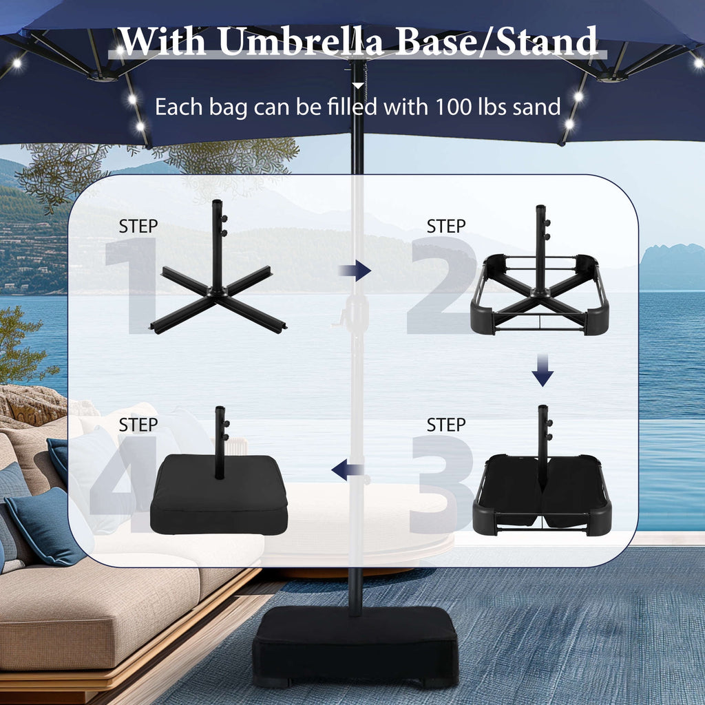 SUMMIT LIVING 15 FT Double-Sided Solar Patio Umbrella with Base Large Outdoor Umbrella with LED Solar Lights - Haze Blue