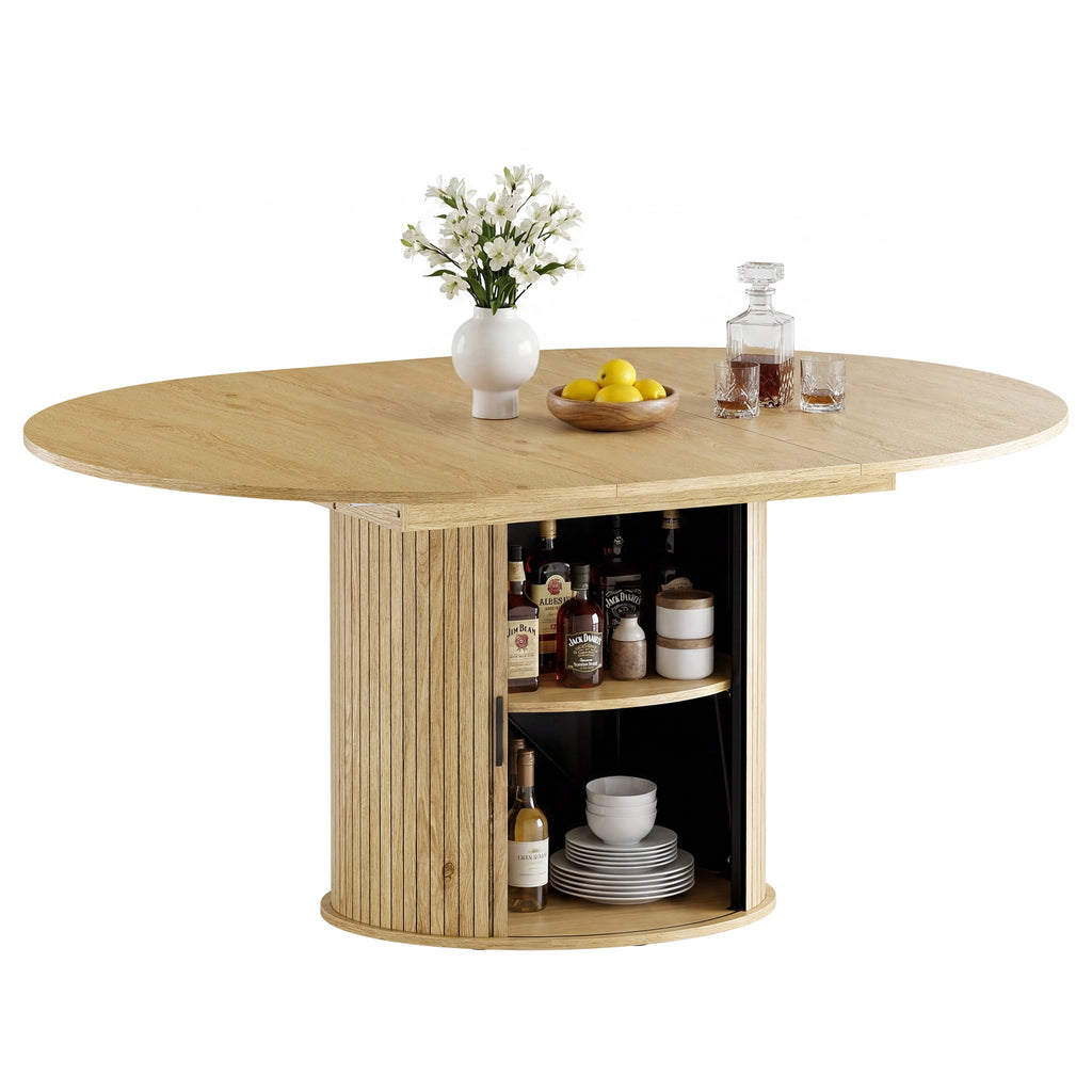 EOP 47″- 63″ Extendable Round Dining Table for 4-6, Wooden Kitchen Table with Hidden Storage and Fluted Sliding Door Cabinet, Modern Space-Saving Table for Dining Room Kitchen, Walnut