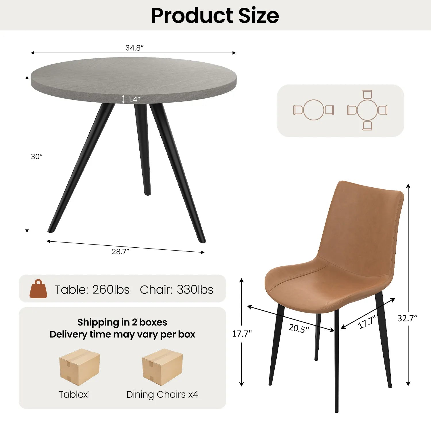 34.8 Round Dining Table for 4 People, Modern Circle Kitchen Table with Metal Legs for Kitchen, Dining Room, Apartment,Gray