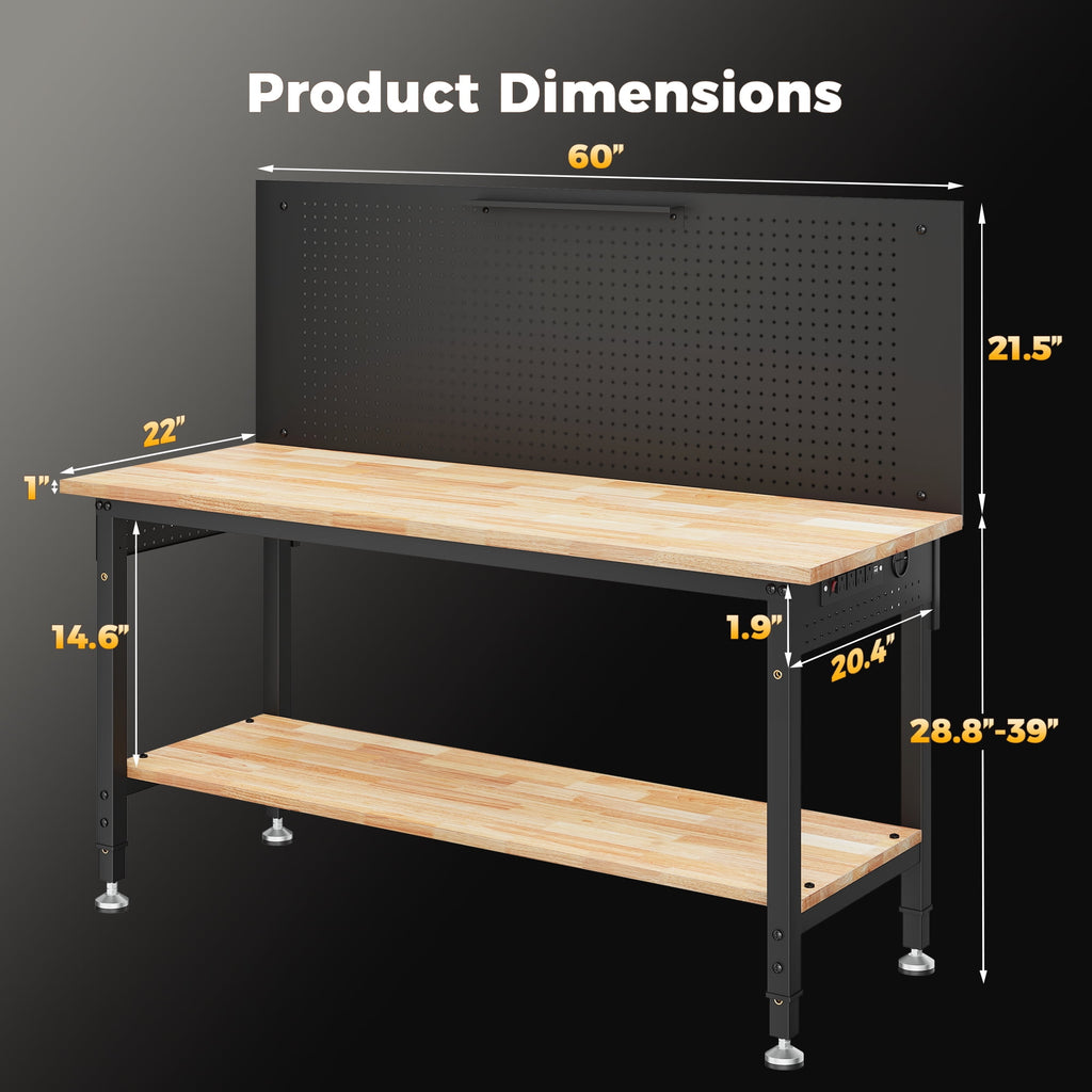 CAMMOO 48 Multifunctional Heavy Duty Workbench for Garage with Pegboard, 2000LBS Load,Adjustable Height Worktable,Storage Shelf,LED Light, Built-in Power Strip