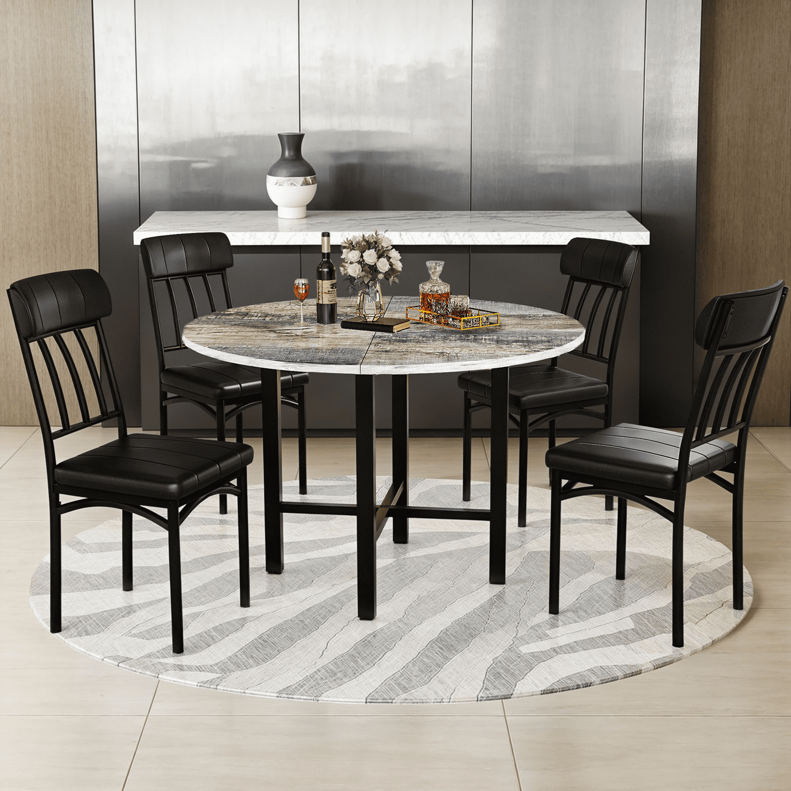 MIERES Round Dining Table Set for 4,Wood Round Kitchen Table and Chairs Set for 4,Modern Dining Room Table Set with 4 Faux Leather Chairs,Round Dinner Table for Small Space Gray