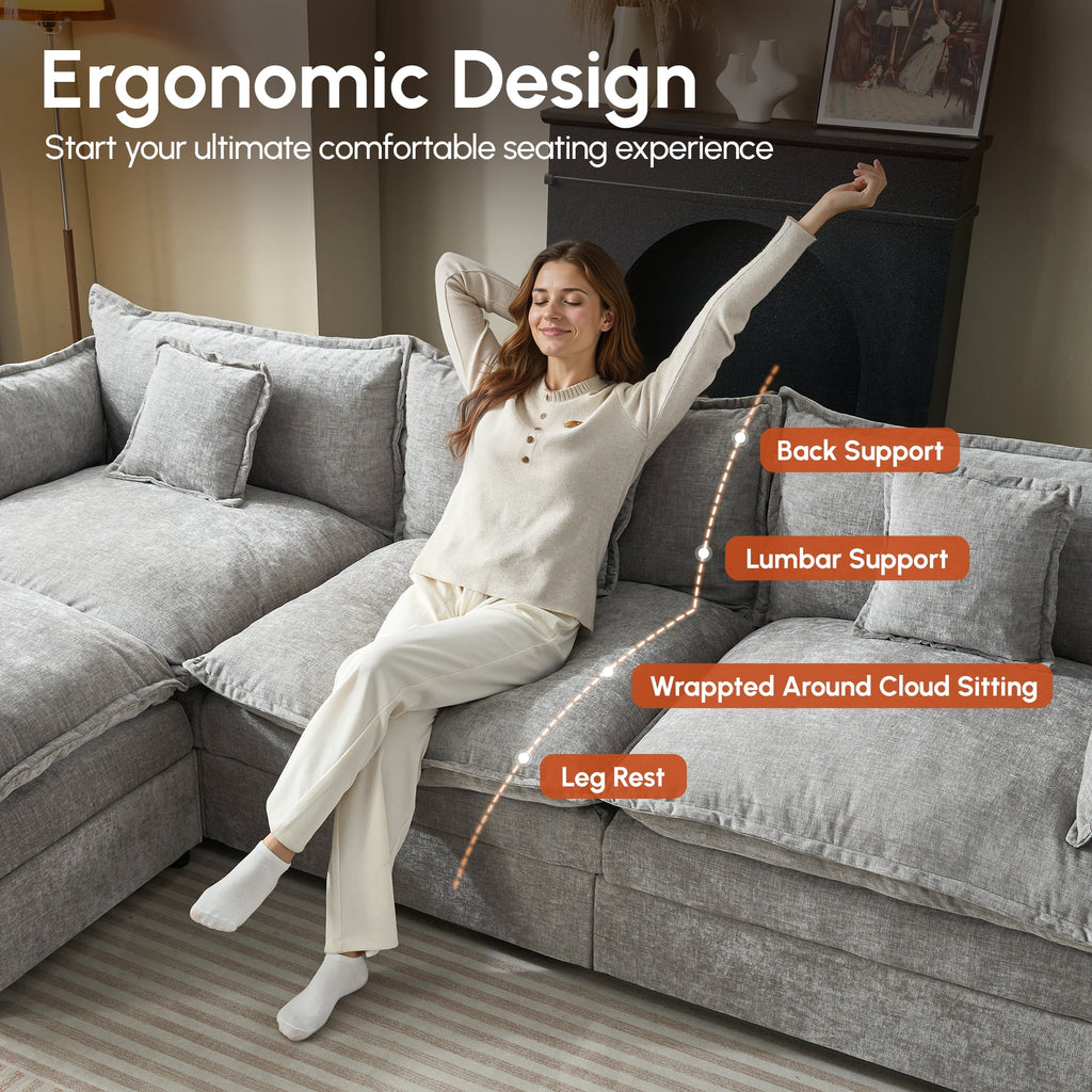 Ovios 108 Modular Sectional Sofa U-Shaped Cloud Couch with 2 Ottomans, Comfy Living Room Furniture, Chenille, Gray