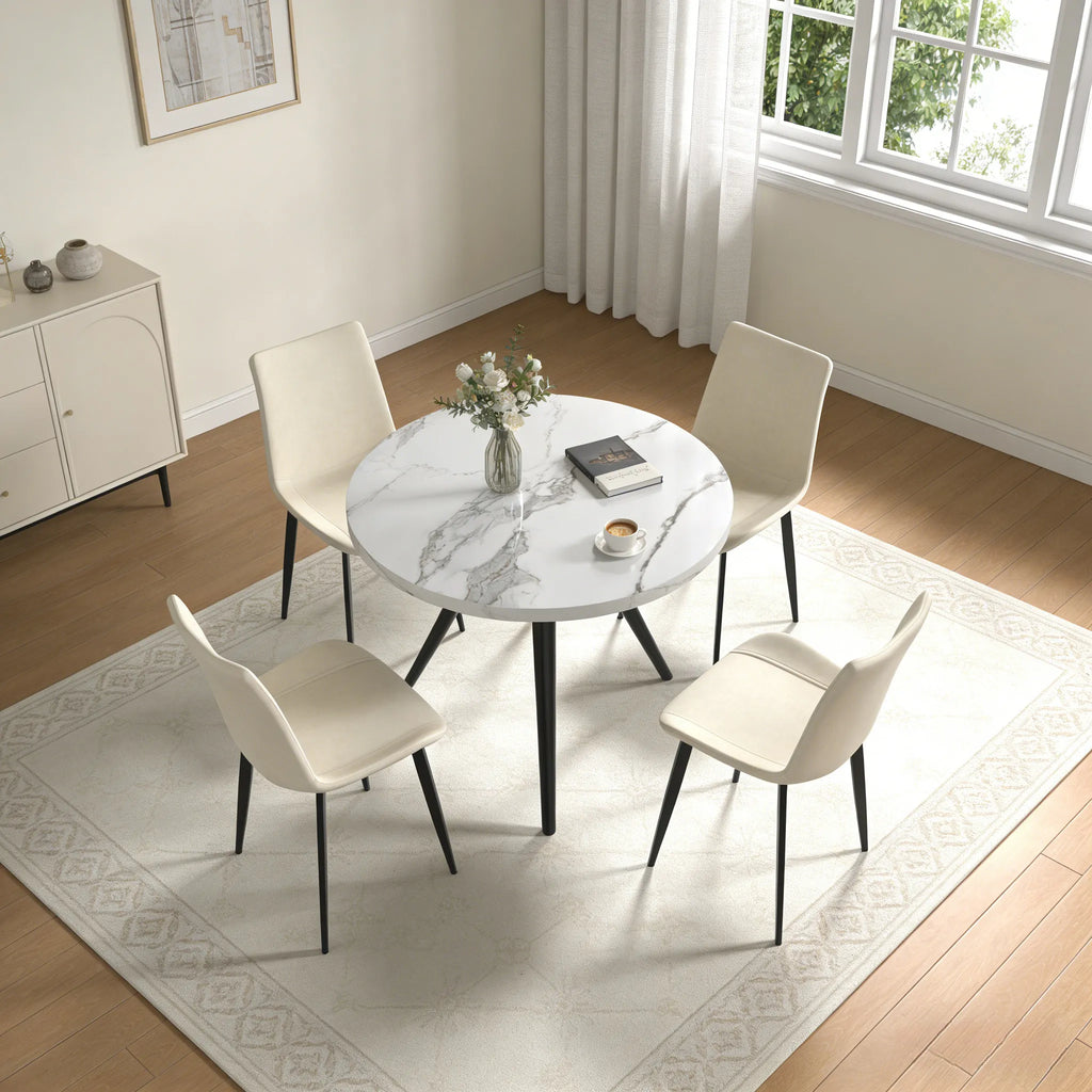 34.8 Round Dining Table Set for 4,5 Piece Mid-Century Modern Dining Set with 4 Upholstered Dining Chairs,Leisure Coffee Table for Kitchen Dining Room, Save Space