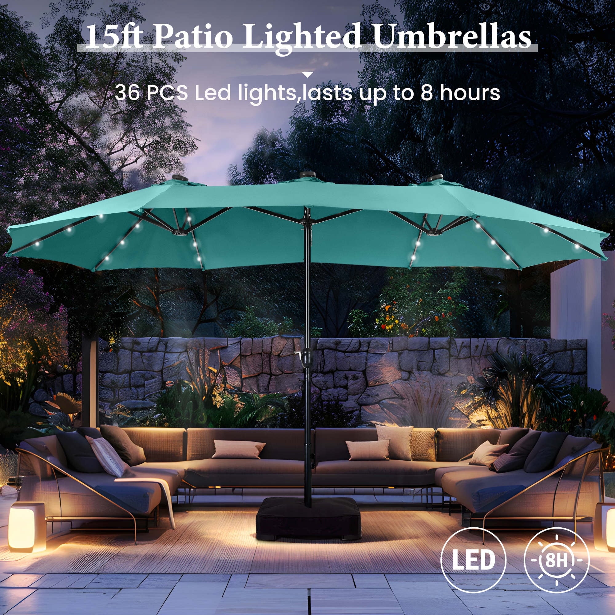SUMMIT LIVING 15ft Double-Sided Solar Patio Umbrella with Base (Included) Large Outdoor Umbrella with Solar Lights - Beige