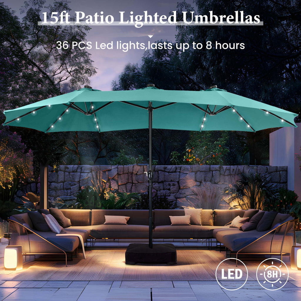 SUMMIT LIVING 15 FT Double-Sided Solar Patio Umbrella with Base Large Outdoor Umbrella with LED Solar Lights - Haze Blue