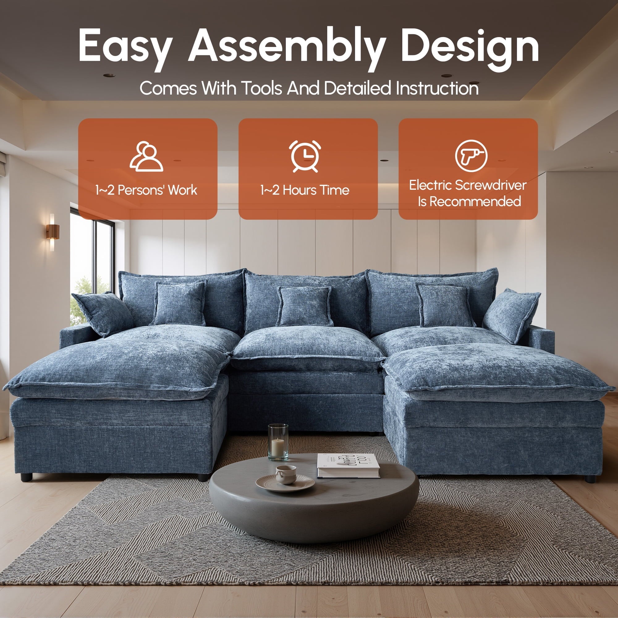 Ovios 108 Modular Sectional Sofa U-Shaped Cloud Couch with 2 Ottomans, Comfy Living Room Furniture, Chenille, Gray