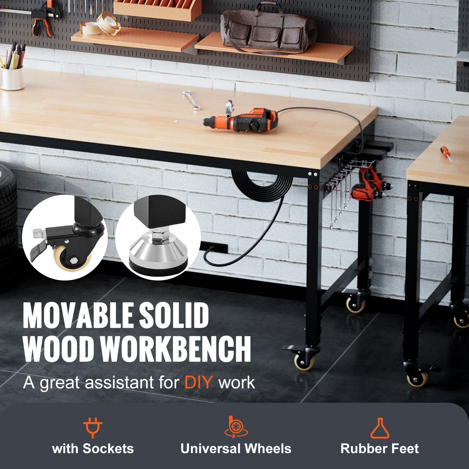 KFFKFF Adjustable Height Workbench 72L x 25W Work Bench Table w/ Power Outlets
