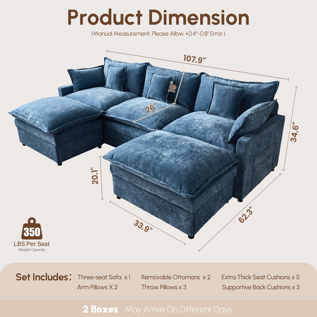 Ovios 108 Modular Sectional Sofa U-Shaped Cloud Couch with 2 Ottomans, Comfy Living Room Furniture, Chenille, Gray