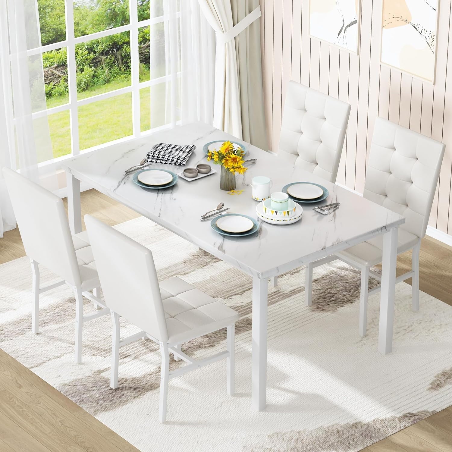 LinkRomat 5-Piece Faux Marble Dining Table Set for 4, Modern Kitchen Table with Chairs, Dinette Dining Room Furniture Set for Compact Space Saving