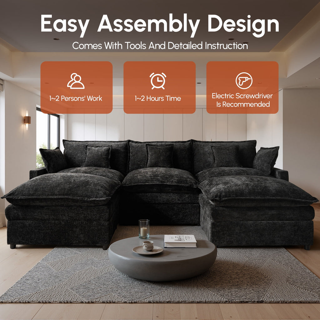 Ovios 108 Modular Sectional Sofa U-Shaped Cloud Couch with 2 Ottomans, Comfy Living Room Furniture, Chenille, Camel