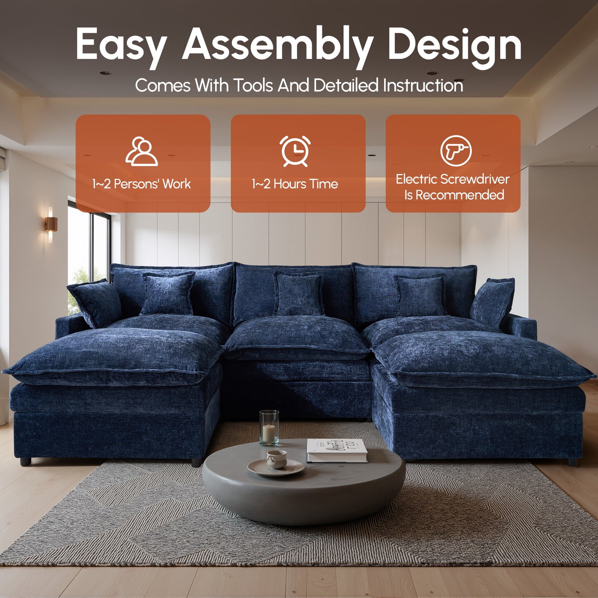 Ovios 108 Modular Sectional Sofa U-Shaped Cloud Couch with 2 Ottomans, Comfy Living Room Furniture, Chenille, Gray