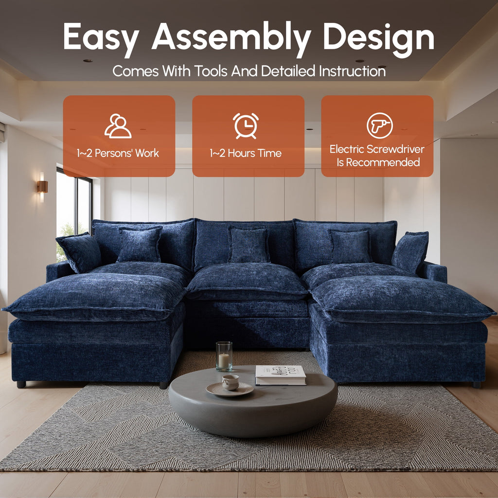 Ovios 108 Modular Sectional Sofa U-Shaped Cloud Couch with 2 Ottomans, Comfy Living Room Furniture, Chenille, Camel