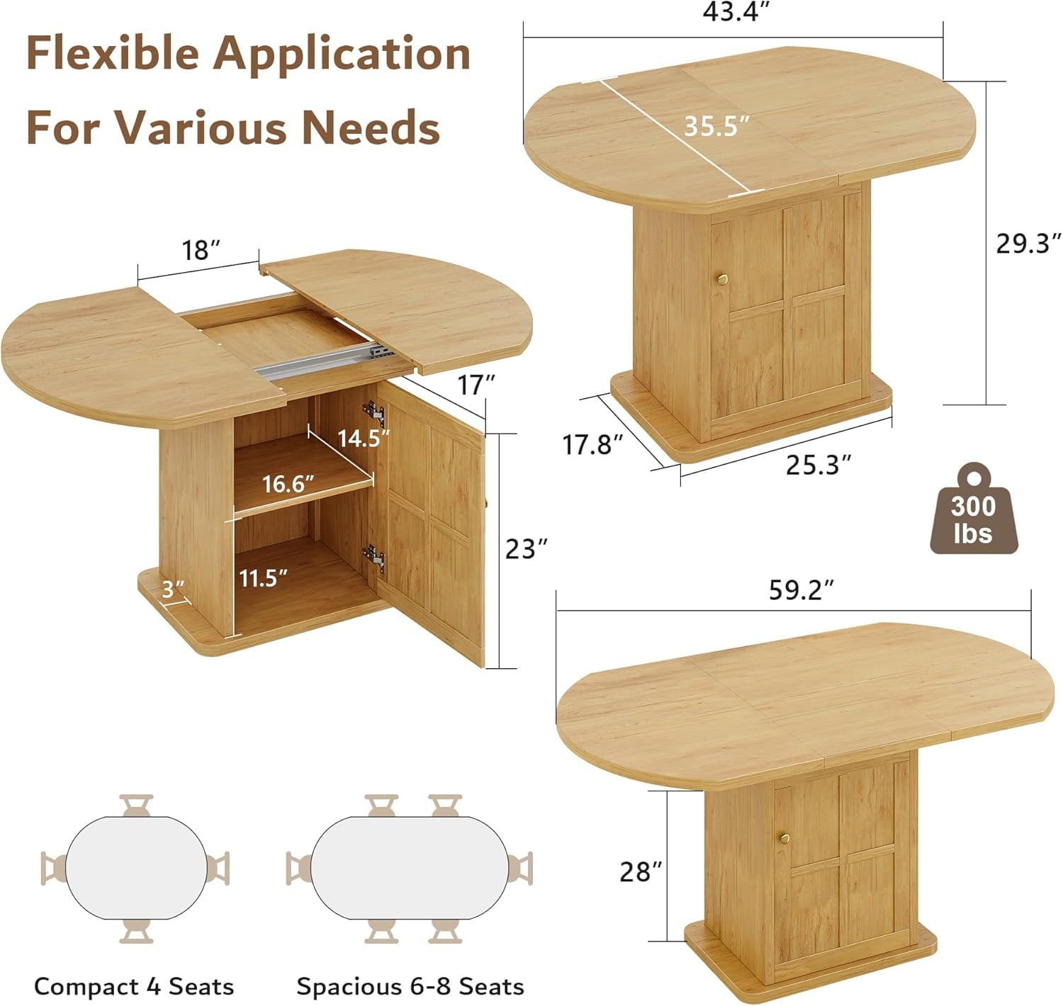 iPormis Extendable Round Dining Table for 4-6, 59'' Modern Kitchen Table with 2-Tier Storage Shelf, Wood Door, MDF Board, Space Saving Oval Dinner with Sturdy Pedestal Base, Kitchen, Dining, Natural