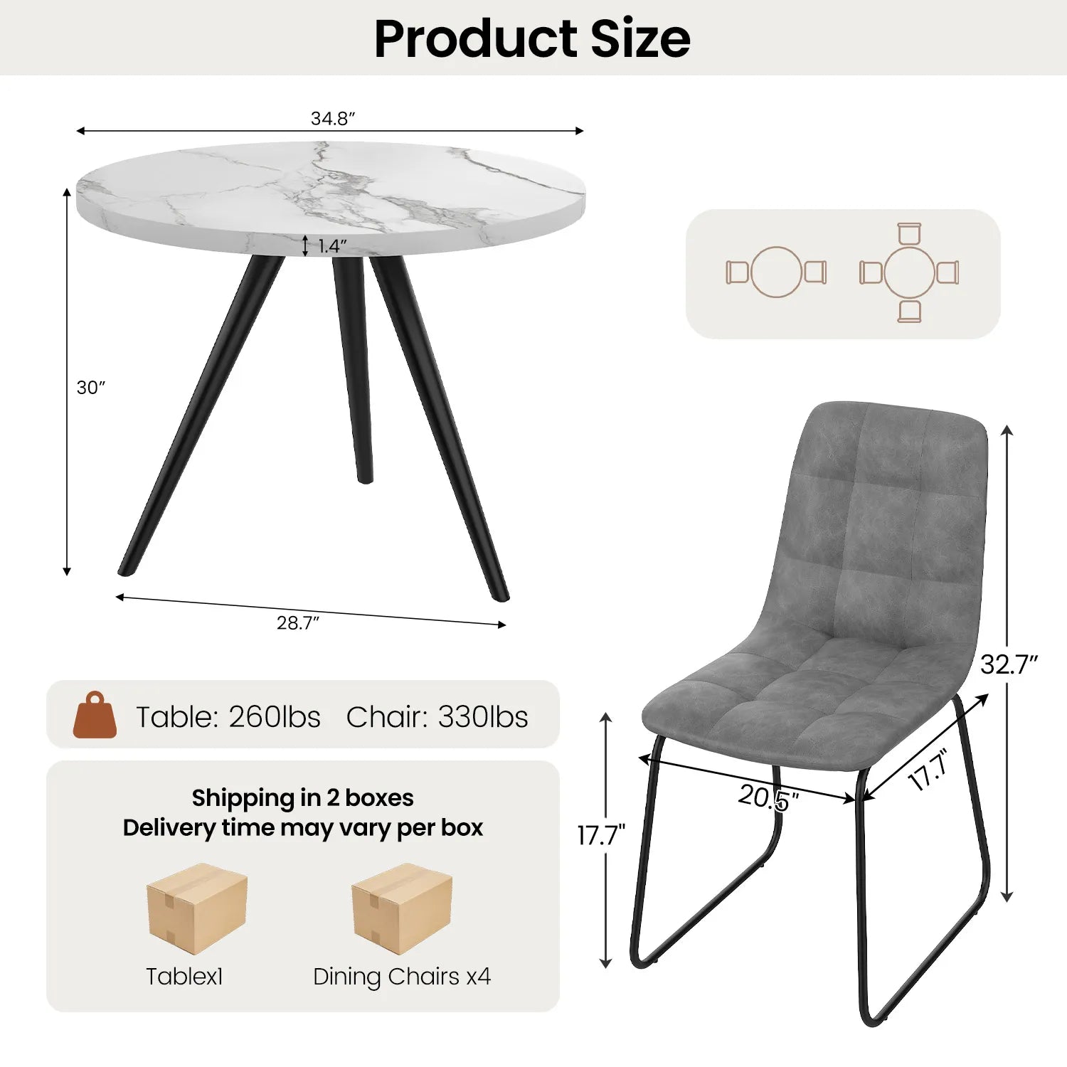 34.8 Round Dining Table Set for 4,5 Piece Mid-Century Modern Dining Set with 4 Upholstered Dining Chairs,Leisure Coffee Table for Kitchen Dining Room, Save Space