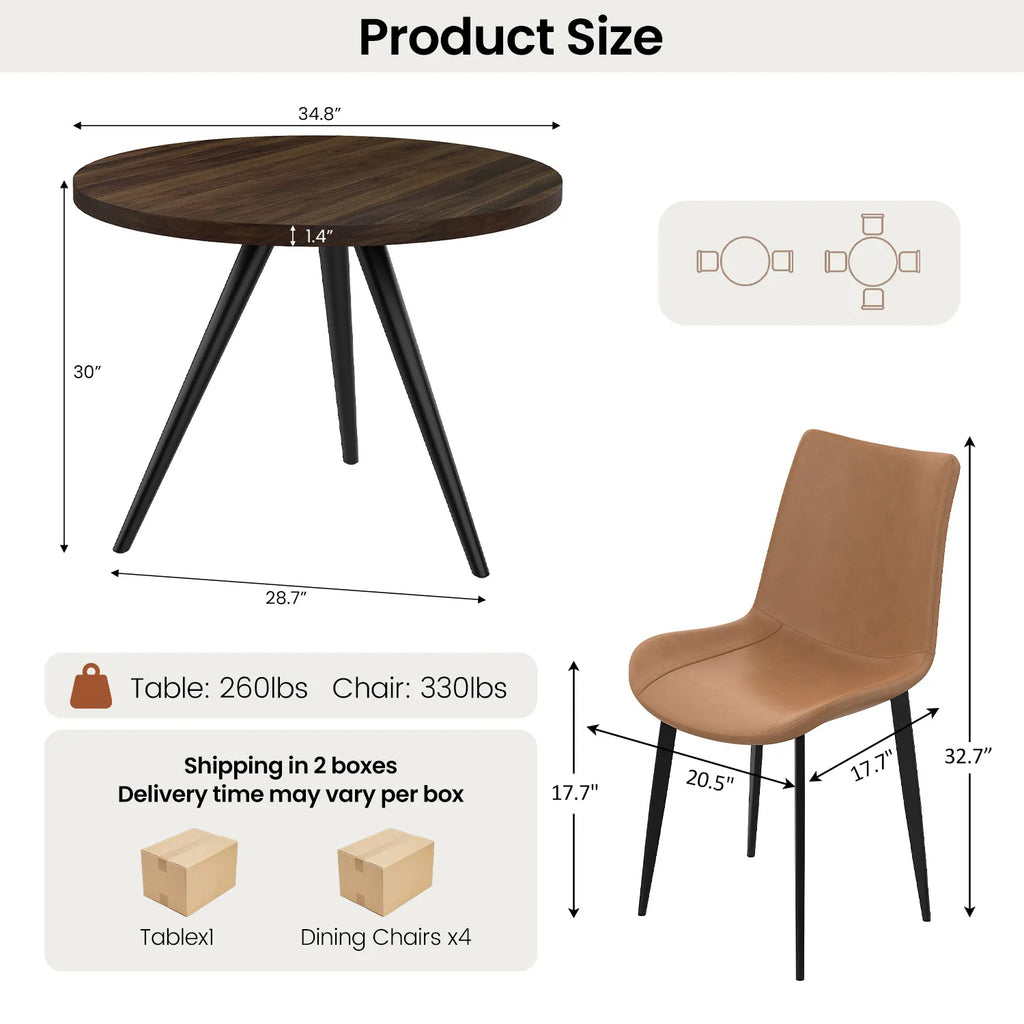 34.8 Round Dining Table Set for 4,5 Piece Mid-Century Modern Dining Set with 4 Upholstered Dining Chairs,Leisure Coffee Table for Kitchen Dining Room, Save Space
