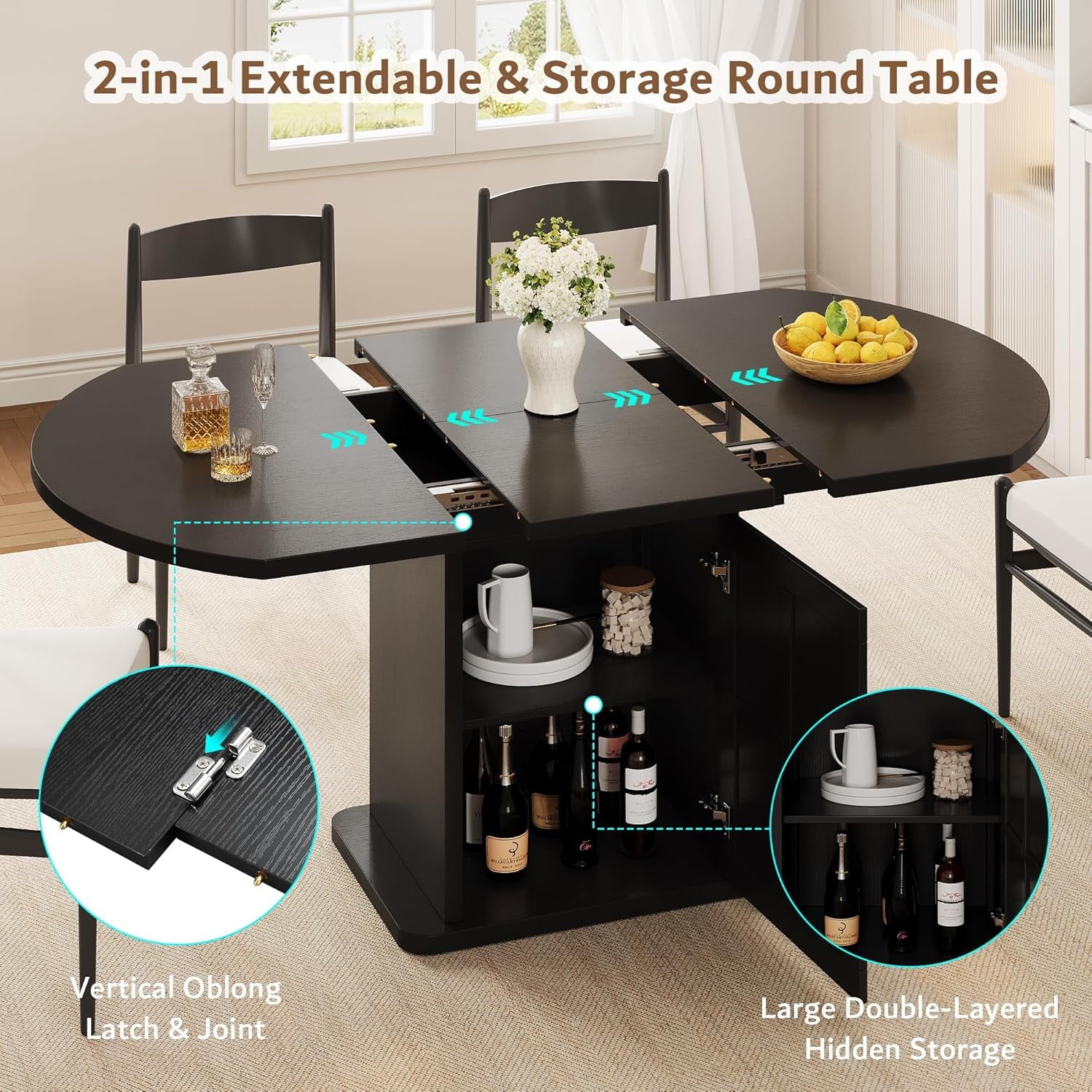iPormis Extendable Round Dining Table for 4-6, 59'' Modern Kitchen Table with 2-Tier Storage Shelf, Wood Door, MDF Board, Space Saving Oval Dinner with Sturdy Pedestal Base, Kitchen, Dining, Natural