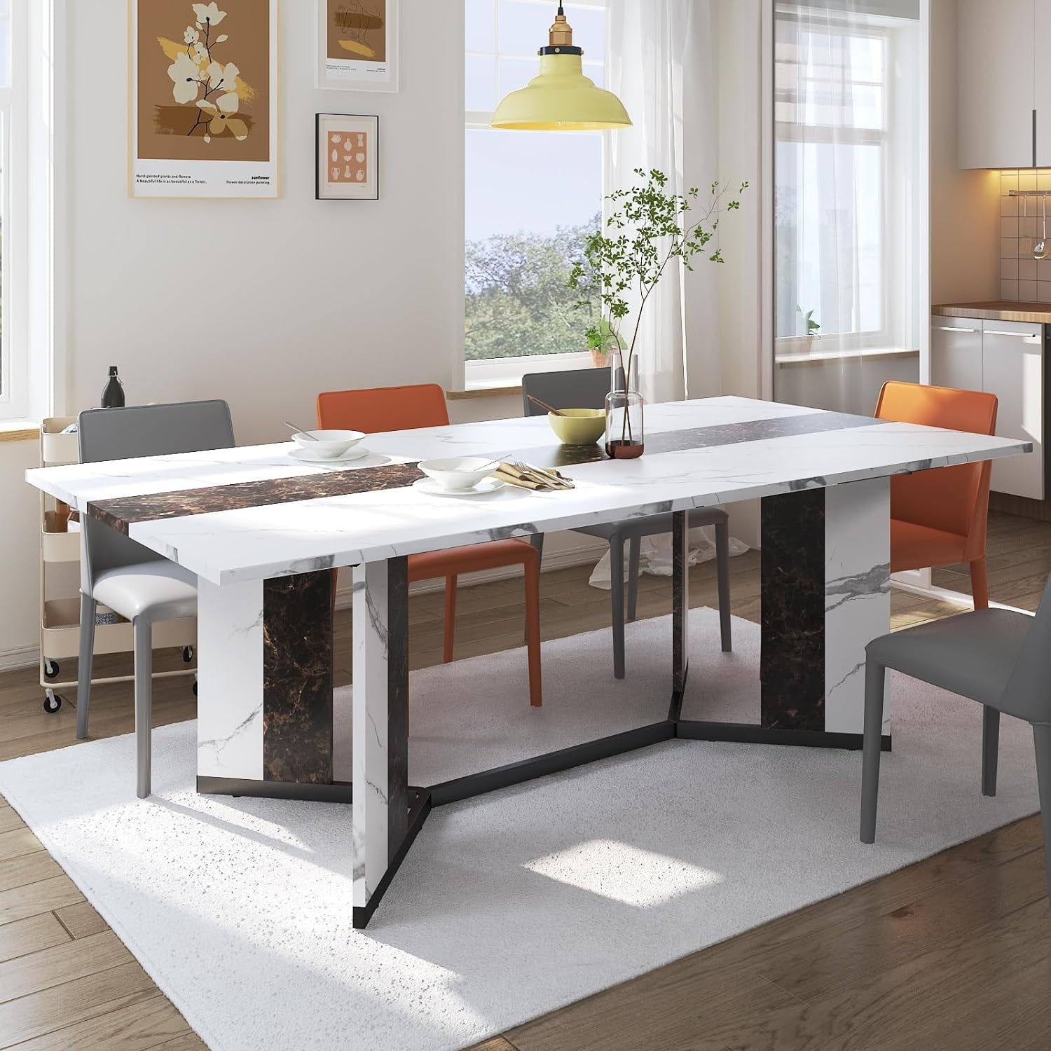 71 inch Large Rectangular Dining Table for 6-8 People, Dining Table with Marble-Color Wood Waterproof Tabletop and Adjustable Leg, 6ft Luxurious Family Dinner Table for Office Kitchen Living Room
