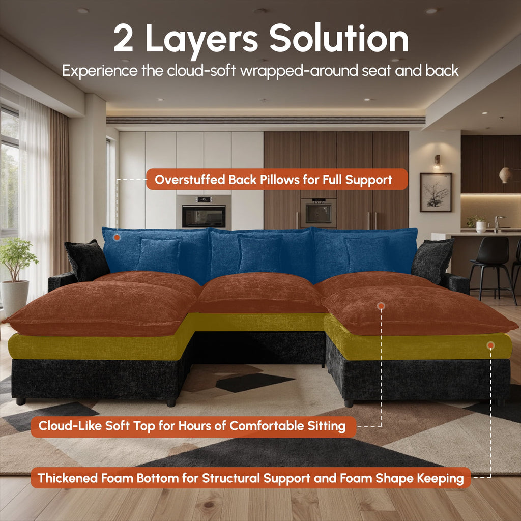 Ovios 108 Modular Sectional Sofa U-Shaped Cloud Couch with 2 Ottomans, Comfy Living Room Furniture, Chenille, Gray