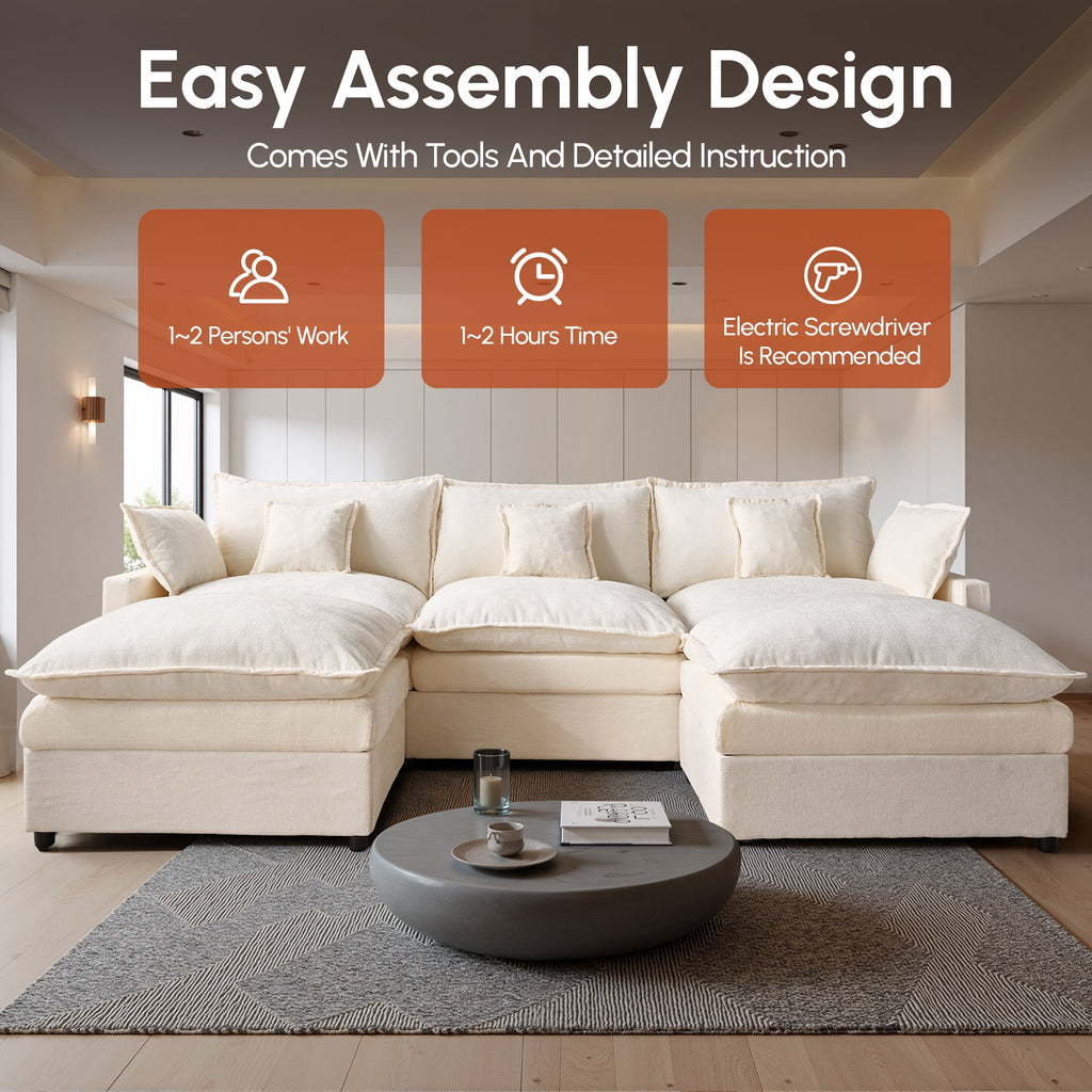 Ovios 108 Modular Sectional Sofa U-Shaped Cloud Couch with 2 Ottomans, Comfy Living Room Furniture, Chenille, Gray
