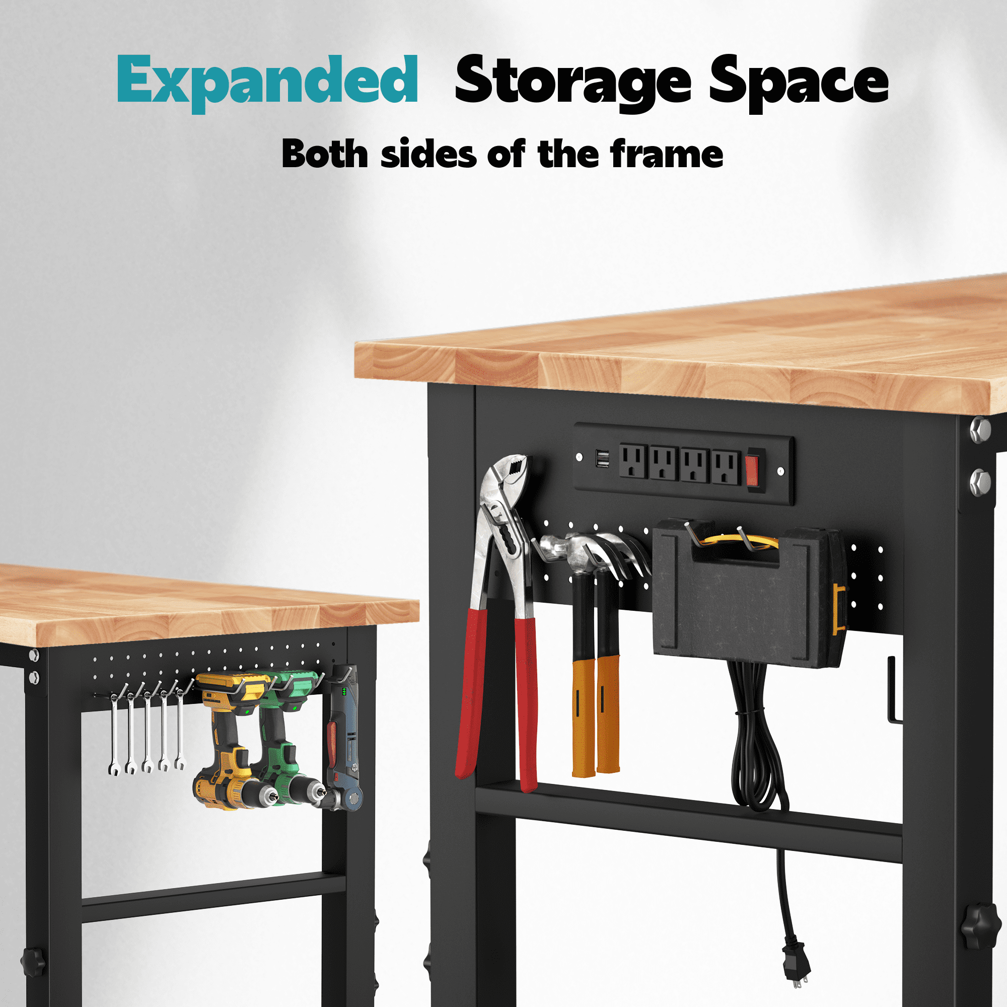 AHB 70 Adjustable Height Workbench with Power Outlets and Pegboard, 2000 lbs Heavy Duty Rubber Wood Top Work Table for Garage, Workshop, Office and Home