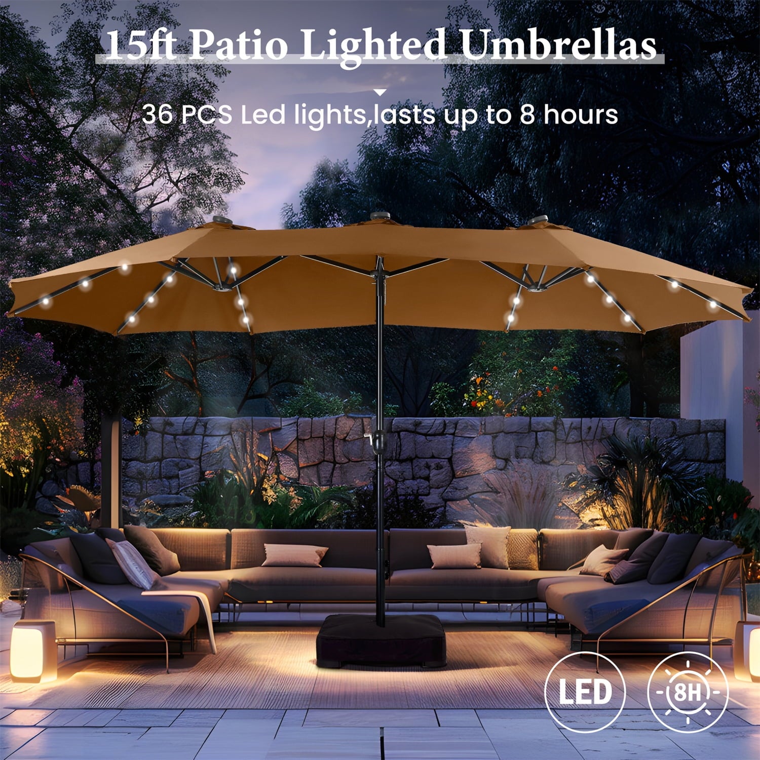 SUMMIT LIVING 15 FT Double-Sided Solar Patio Umbrella with Base Large Outdoor Umbrella with LED Solar Lights - Haze Blue