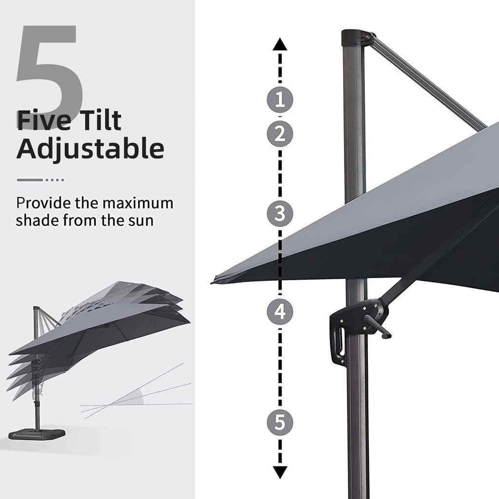 PURPLE LEAF 10x10 Ft Cantilever Umbrella Square Outdoor Patio Umbrella Large Offset Hanging Umbrella Aluminum Umbrella with 360°Rotation Adjustable Garden Pool Umbrella,Gray