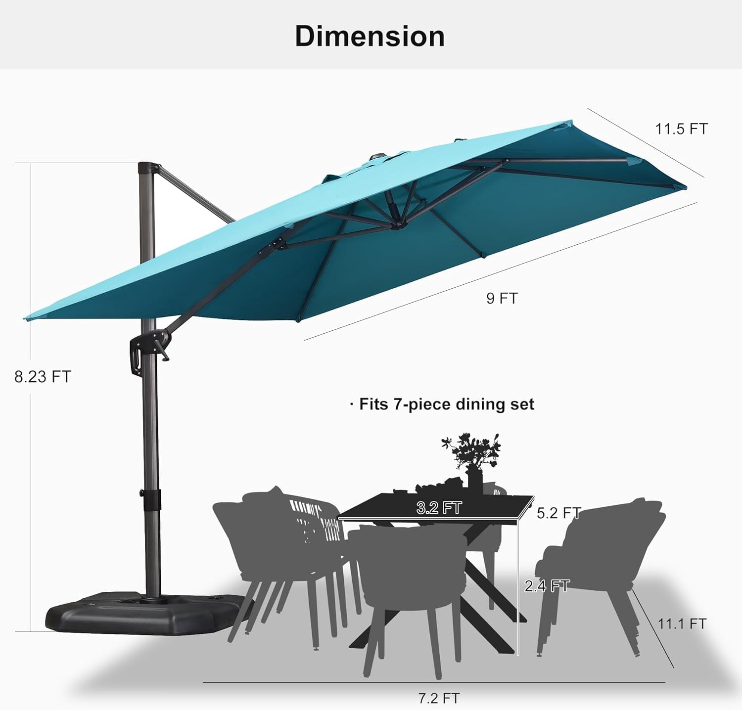 PURPLE LEAF 9x11.5 Ft Cantilever Umbrella Rectangle Outdoor Patio Umbrella Large Offset Hanging Umbrella Aluminum Umbrella with 360°Rotation Adjustable Garden Pool Umbrella,Turquoise Blue