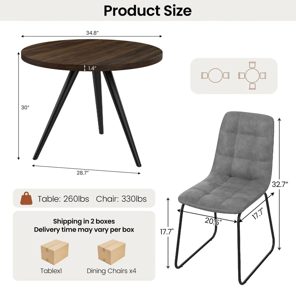 34.8 Round Dining Table Set for 4,5 Piece Mid-Century Modern Dining Set with 4 Upholstered Dining Chairs,Leisure Coffee Table for Kitchen Dining Room, Save Space