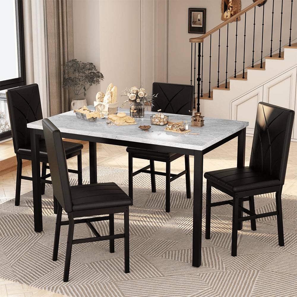 LinkRomat 5-Piece Faux Marble Dining Table Set for 4, Modern Kitchen Table with Chairs, Dinette Dining Room Furniture Set for Compact Space Saving