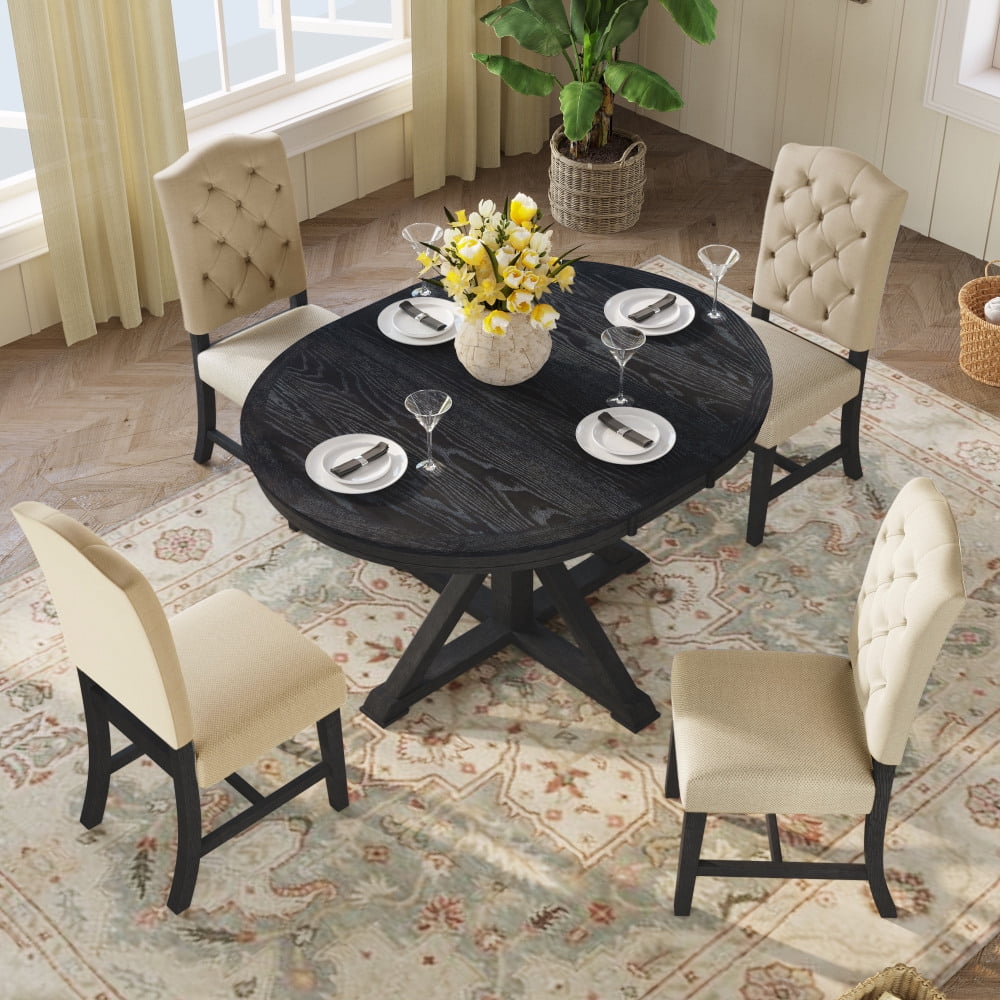 JAMPOOCA Retro Style MDF Extendable 5 Pieces Dining Table Set, Natural Wood
