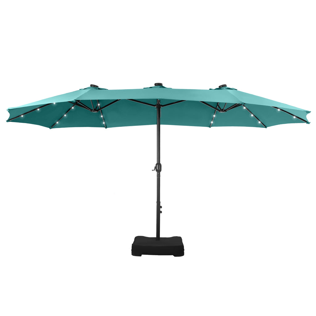 SUMMIT LIVING 15 FT Double-Sided Solar Patio Umbrella with Base Large Outdoor Umbrella with LED Solar Lights - Haze Blue