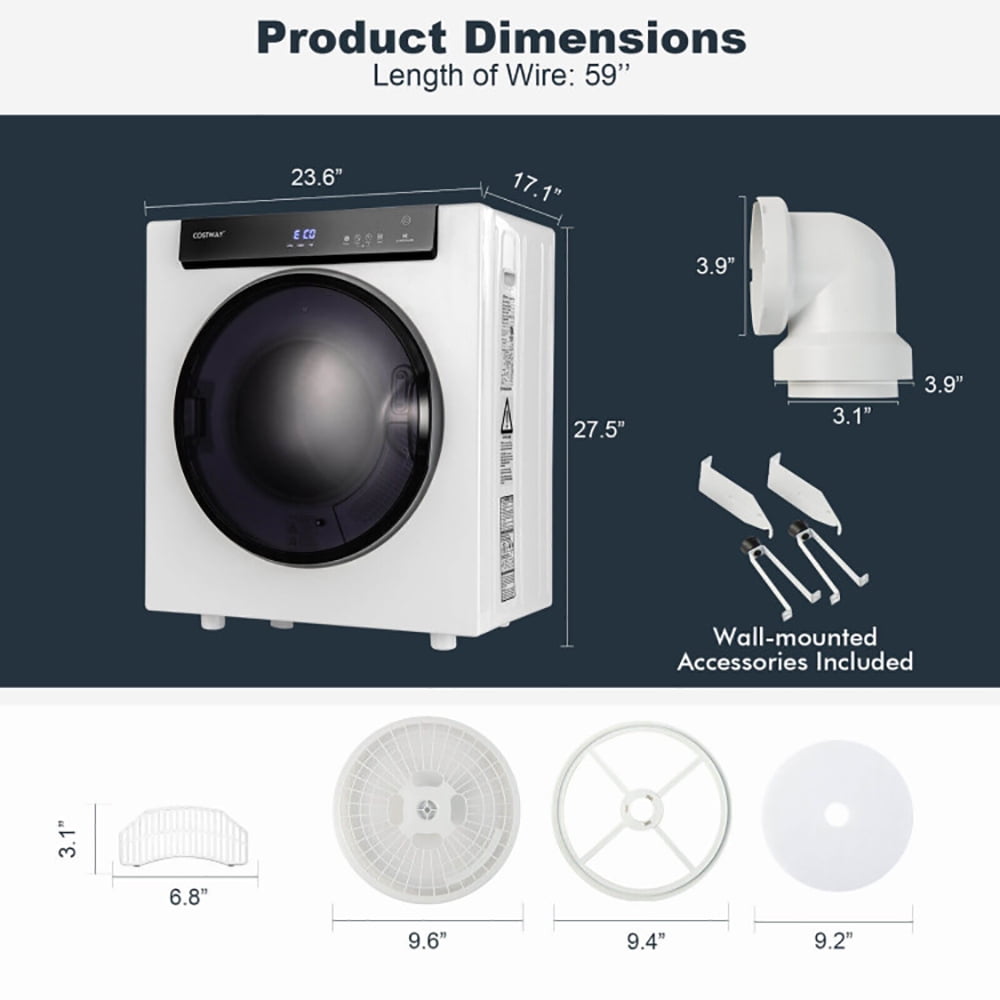 Resenkos 2.6 Cu.ft Compact Clothes Dryer with Touch Panel and 2 Modes, Portable Clothes Dryer, Compact Dryer for laundry