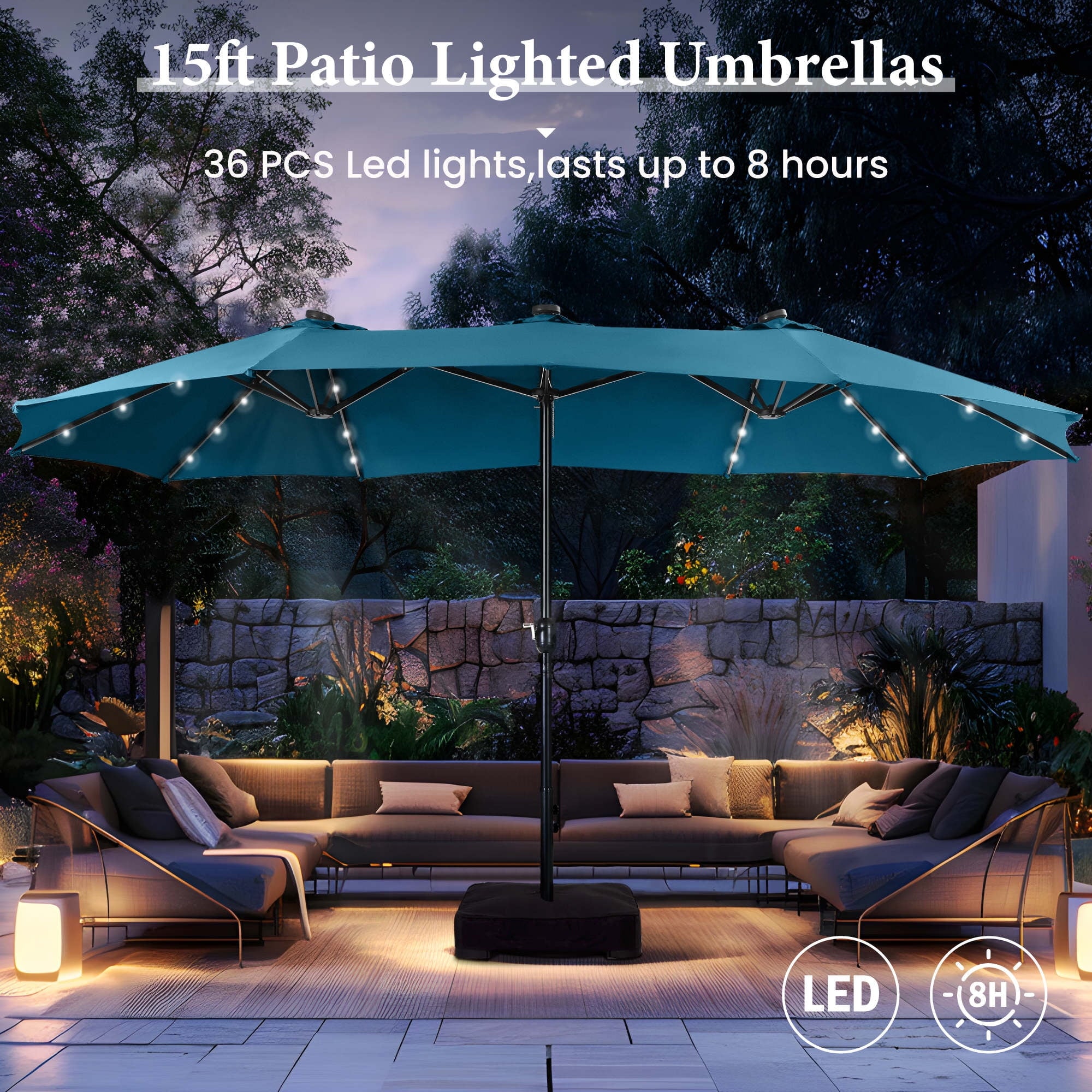 SUMMIT LIVING 15ft Double-Sided Solar Patio Umbrella with Base (Included) Large Outdoor Umbrella with Solar Lights - Beige