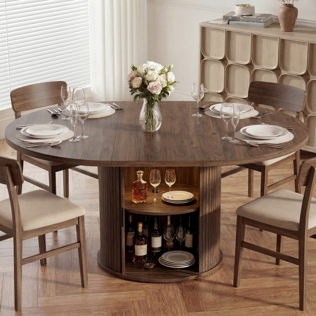 EOP 47″- 63″ Extendable Round Dining Table for 4-6, Wooden Kitchen Table with Hidden Storage and Fluted Sliding Door Cabinet, Modern Space-Saving Table for Dining Room Kitchen, Natural Wood