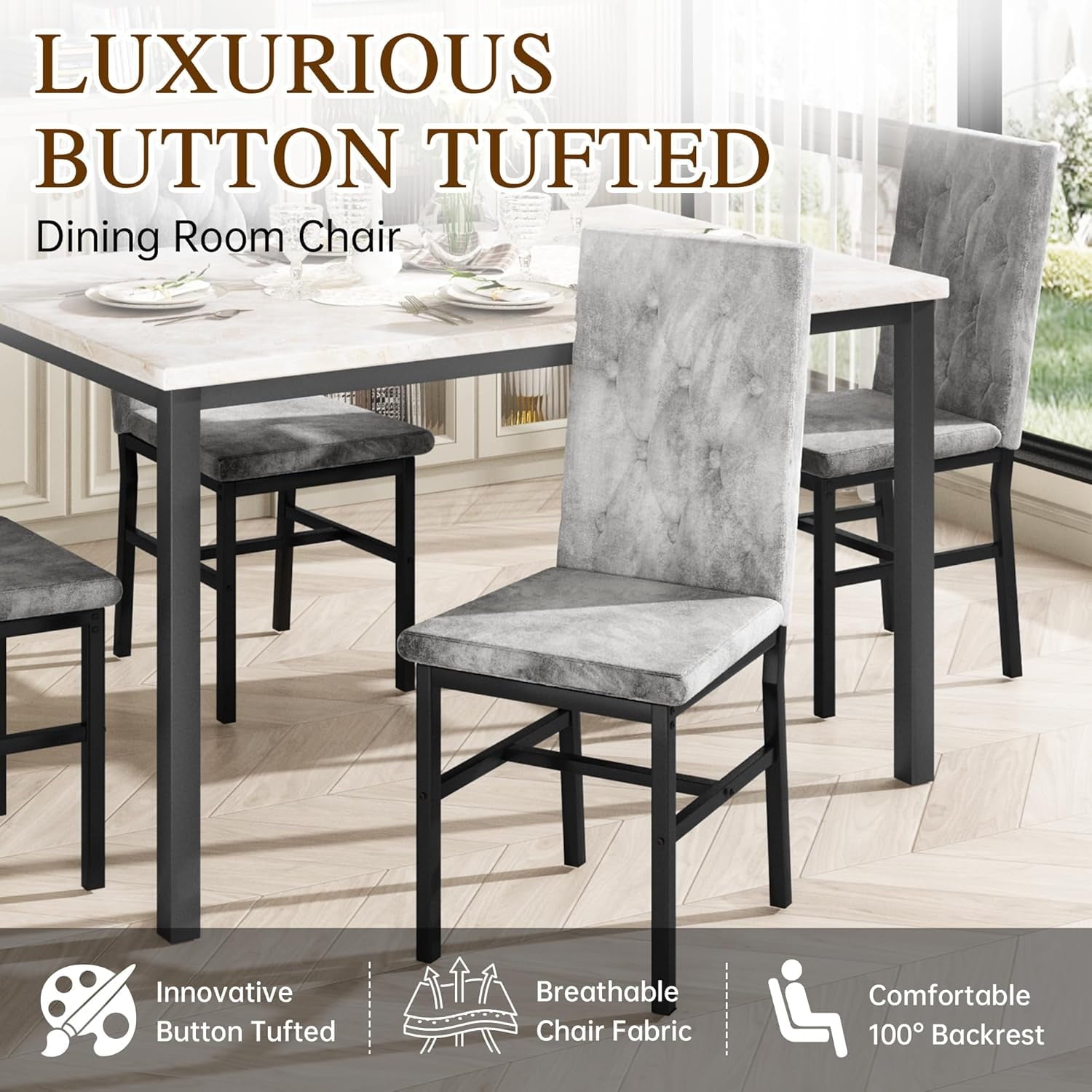 Baxluxe Dining Table Set for 4, Space Saving Rectangle Dining Table with 4 Velvet Dining Chairs, Faux Marble Kitchen Table and Chairs Set, Modern Dining Room Set for Kitchen, Pub, Beige+Gray