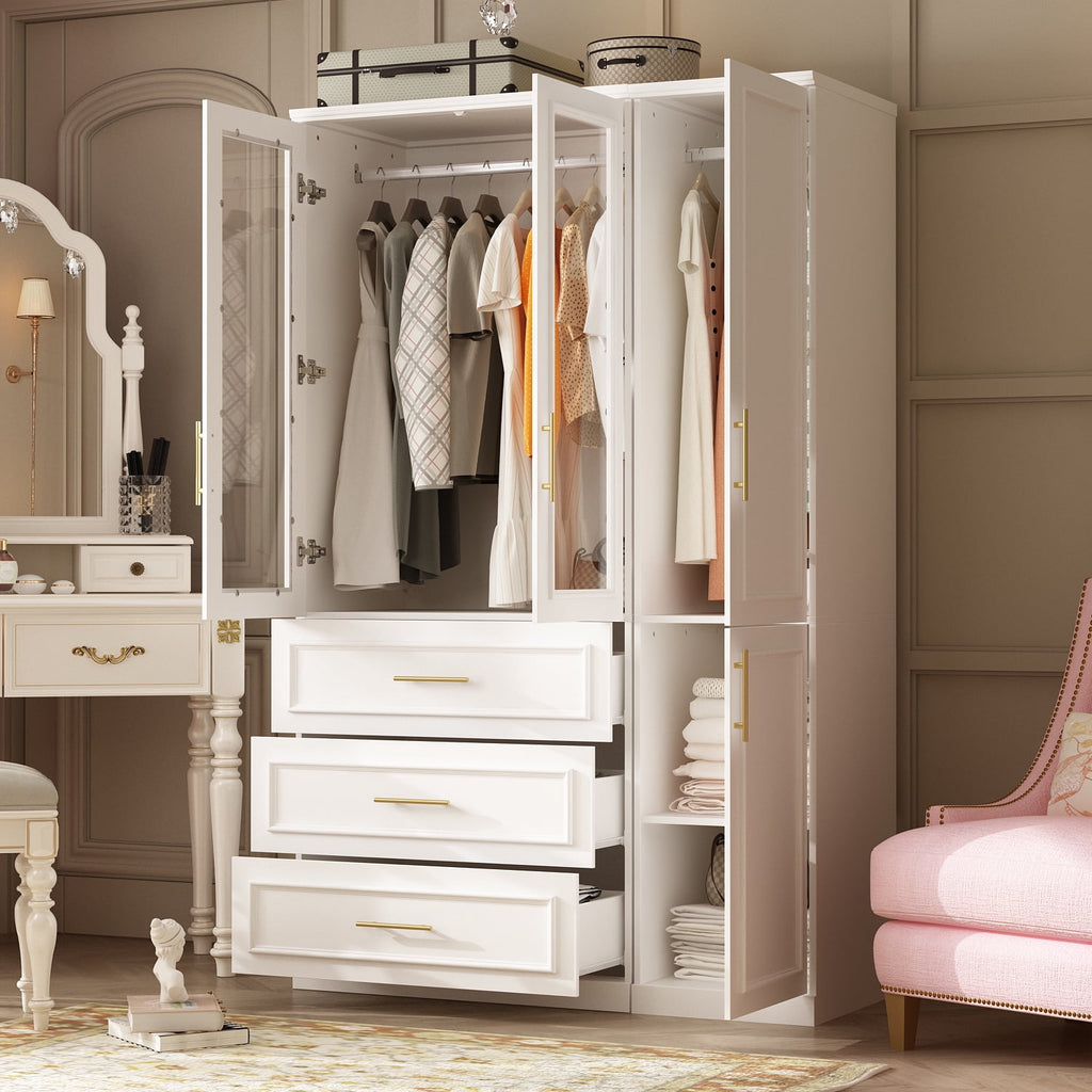 OxyLife 2 Door Wardrobe Armoire, White Closet Storage Organizer with Drawers and Shelves